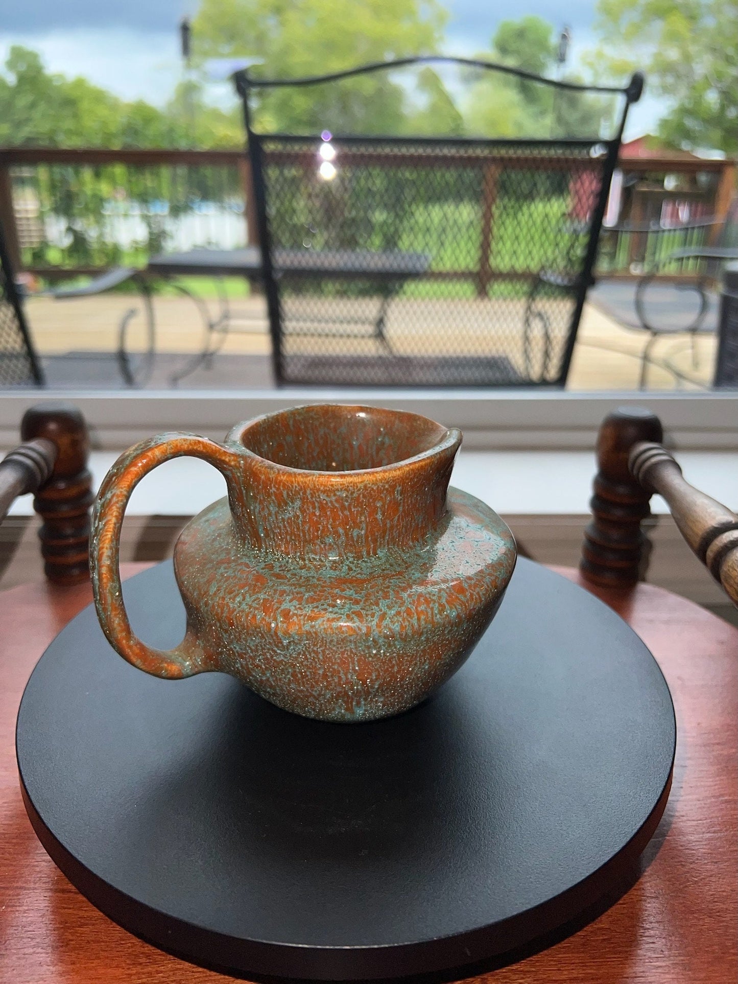 Vintage Hand Dripped Glazed Pottery Pitcher Jug with Handle Green & Brown Rust Lover Antiques and Vintage