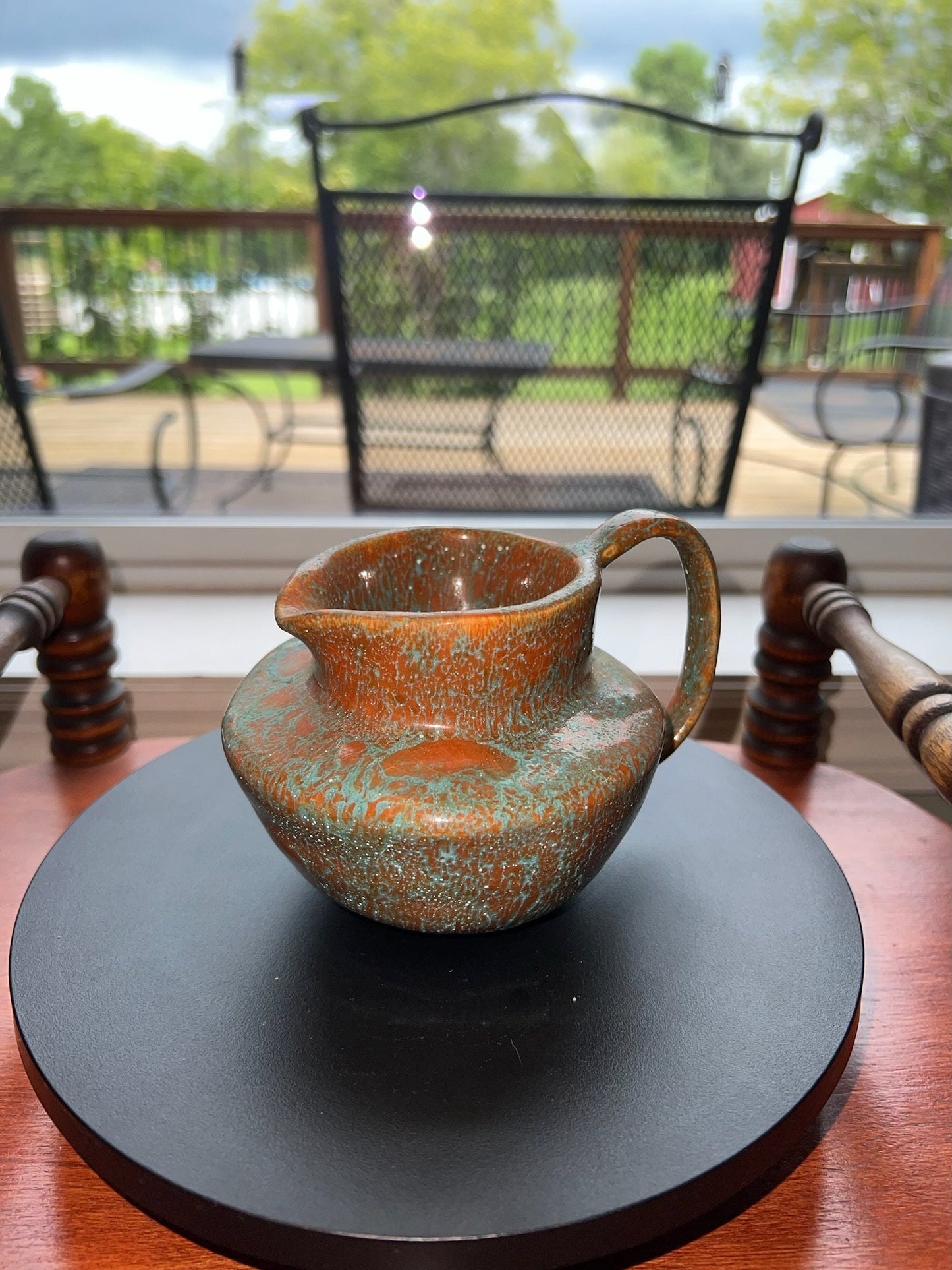 Vintage Hand Dripped Glazed Pottery Pitcher Jug with Handle Green & Brown Rust Lover Antiques and Vintage