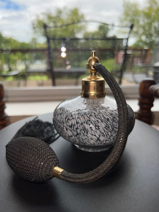 Vintage Fancy Perfume Bottle Black and White Opalescent Hand Blown Glass with Poof Atomizer Lover Antiques and Vintage