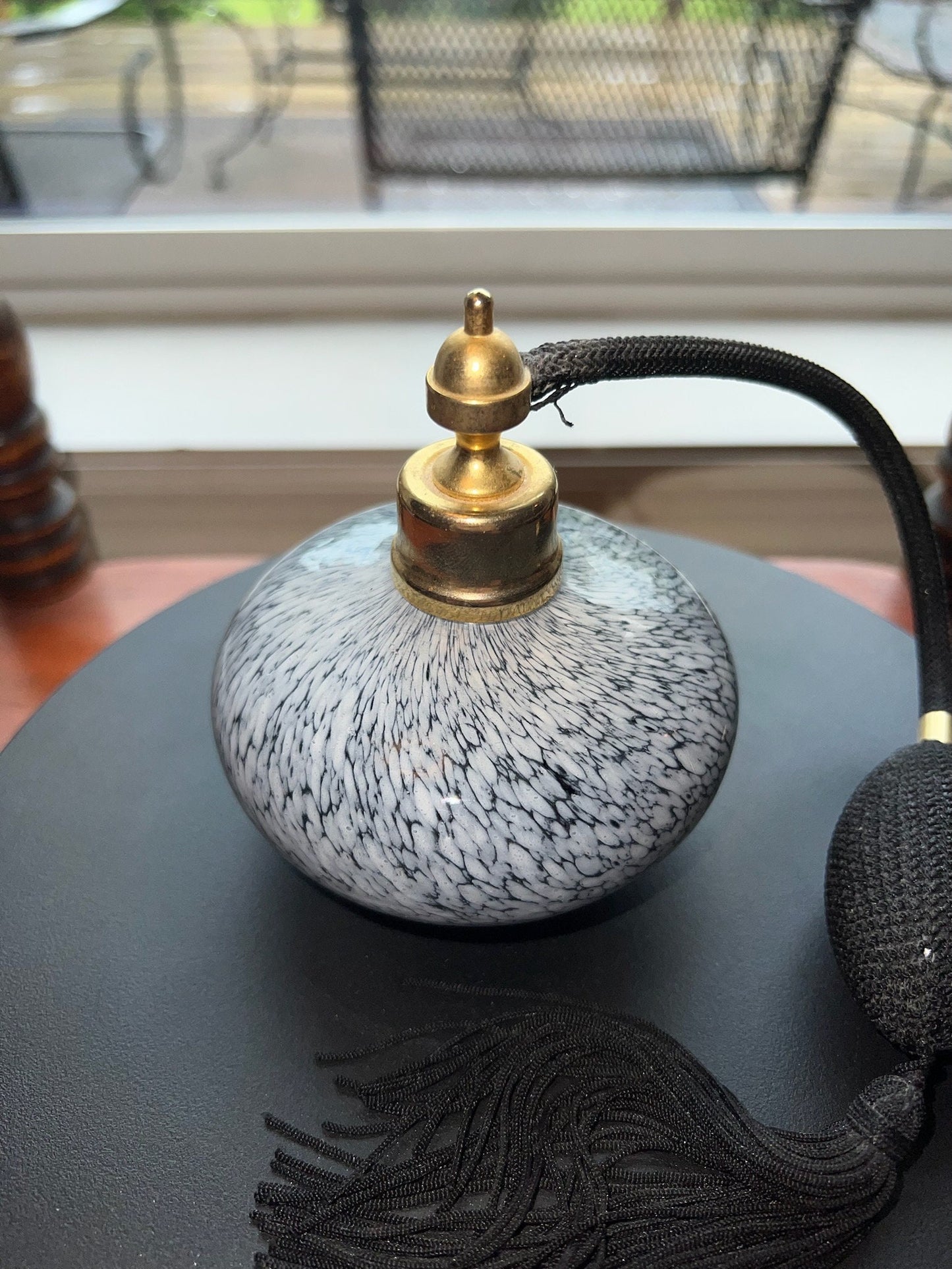 Vintage Fancy Perfume Bottle Black and White Opalescent Hand Blown Glass with Poof Atomizer Lover Antiques and Vintage