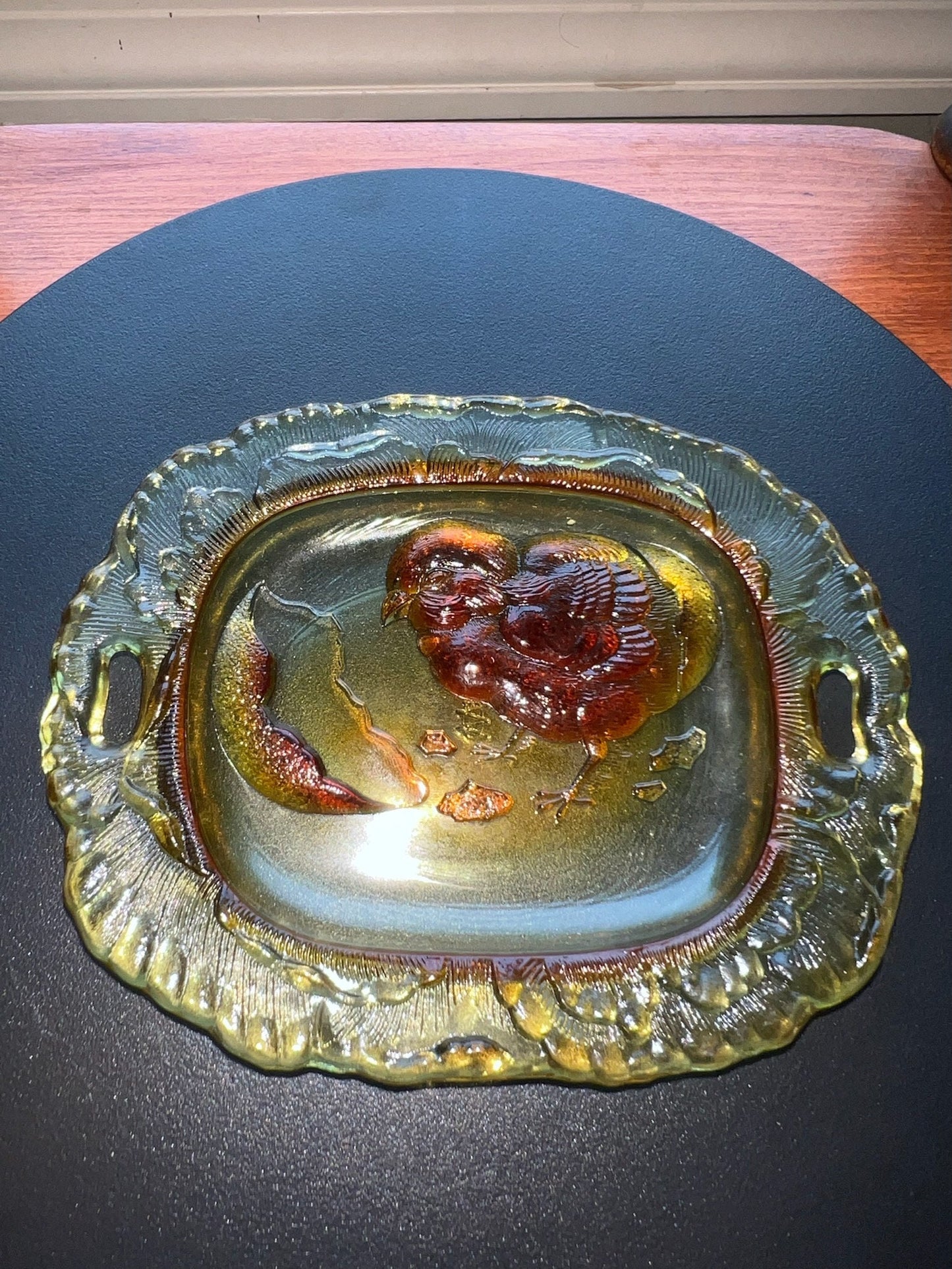 Vintage Amber Pressed Glass Plate with Chick Emerging from Egg Yellow Glass Art Small Plate Lover Antiques and Vintage