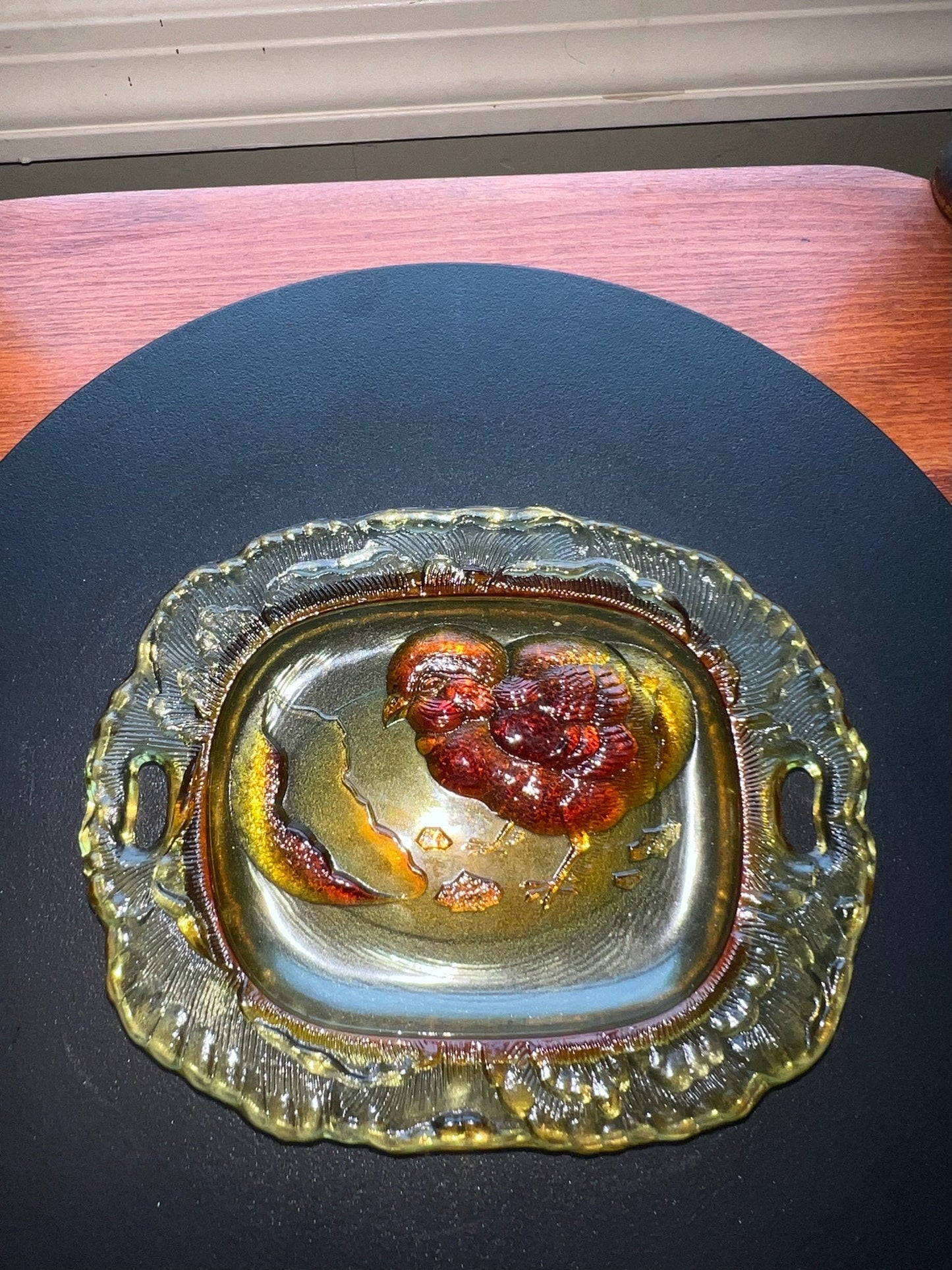 Vintage Amber Pressed Glass Plate with Chick Emerging from Egg Yellow Glass Art Small Plate Lover Antiques and Vintage