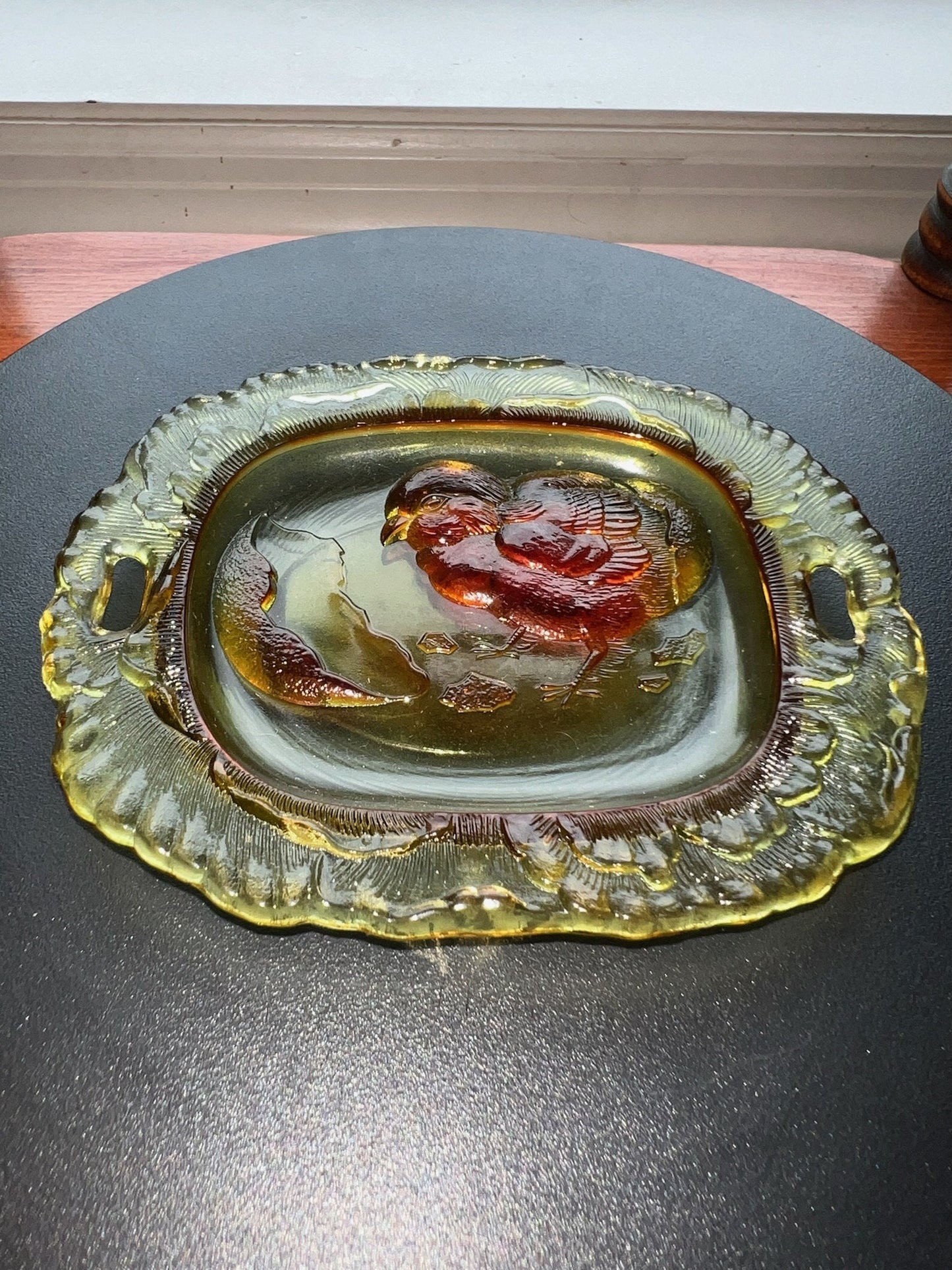 Vintage Amber Pressed Glass Plate with Chick Emerging from Egg Yellow Glass Art Small Plate Lover Antiques and Vintage