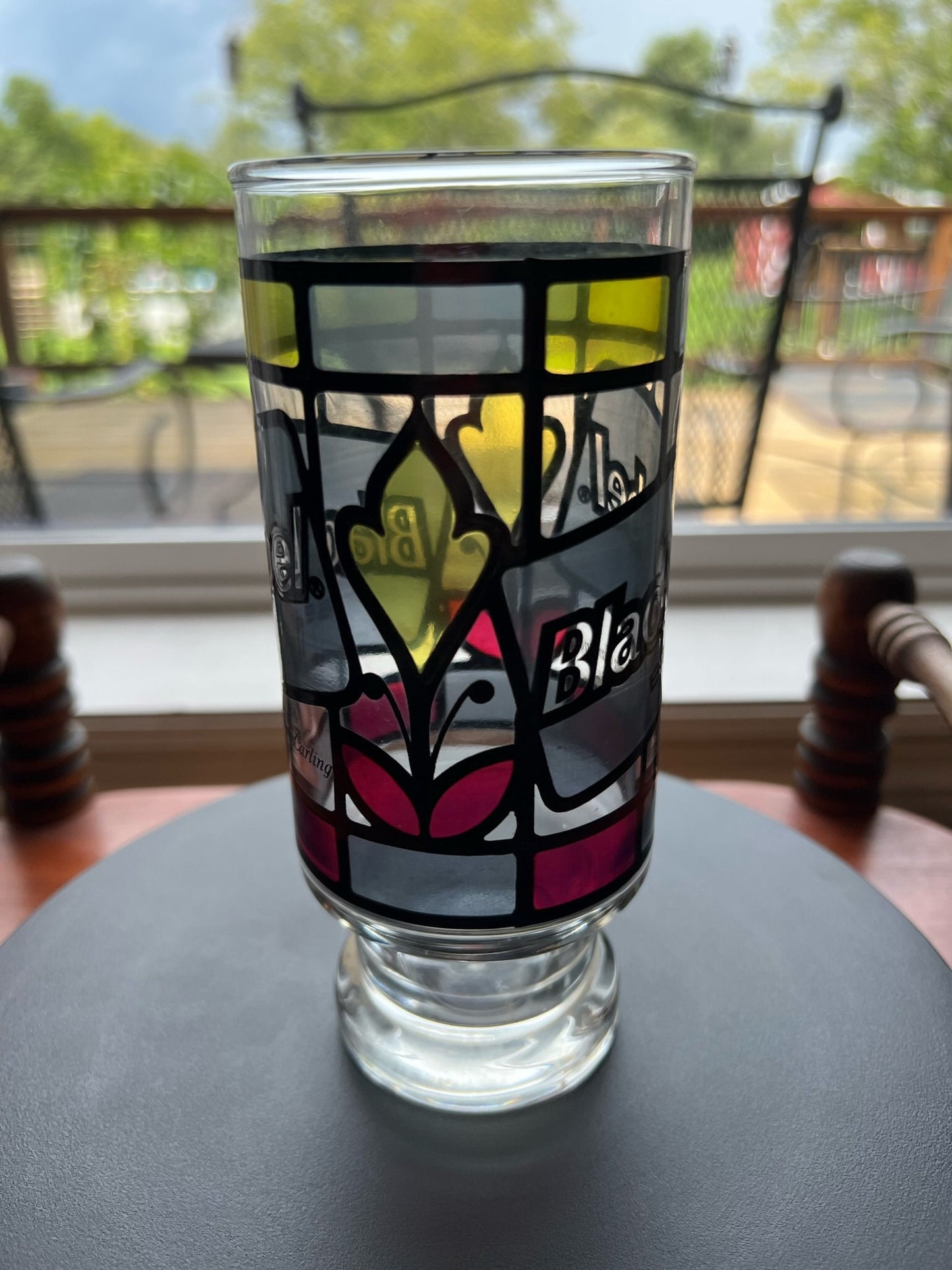 Vintage Black Label Beer Stained Glass Style Cup Glass Art Anchor Hocking Lover Antiques and Vintage