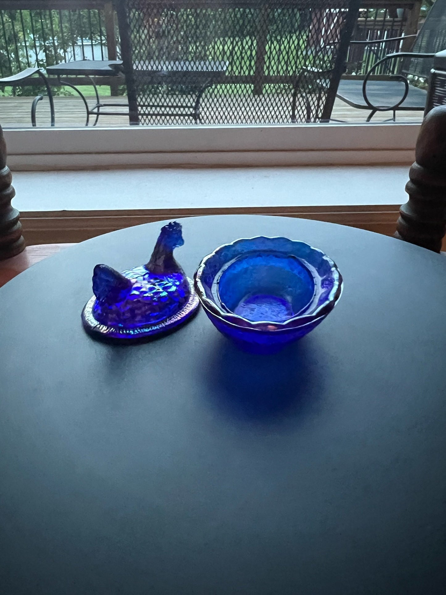 Vintage Cobalt Blue Rooster Covered Dish Nesting Glass Bird Covered Candy Dish Hand Pressed Figurines Lover Antiques
