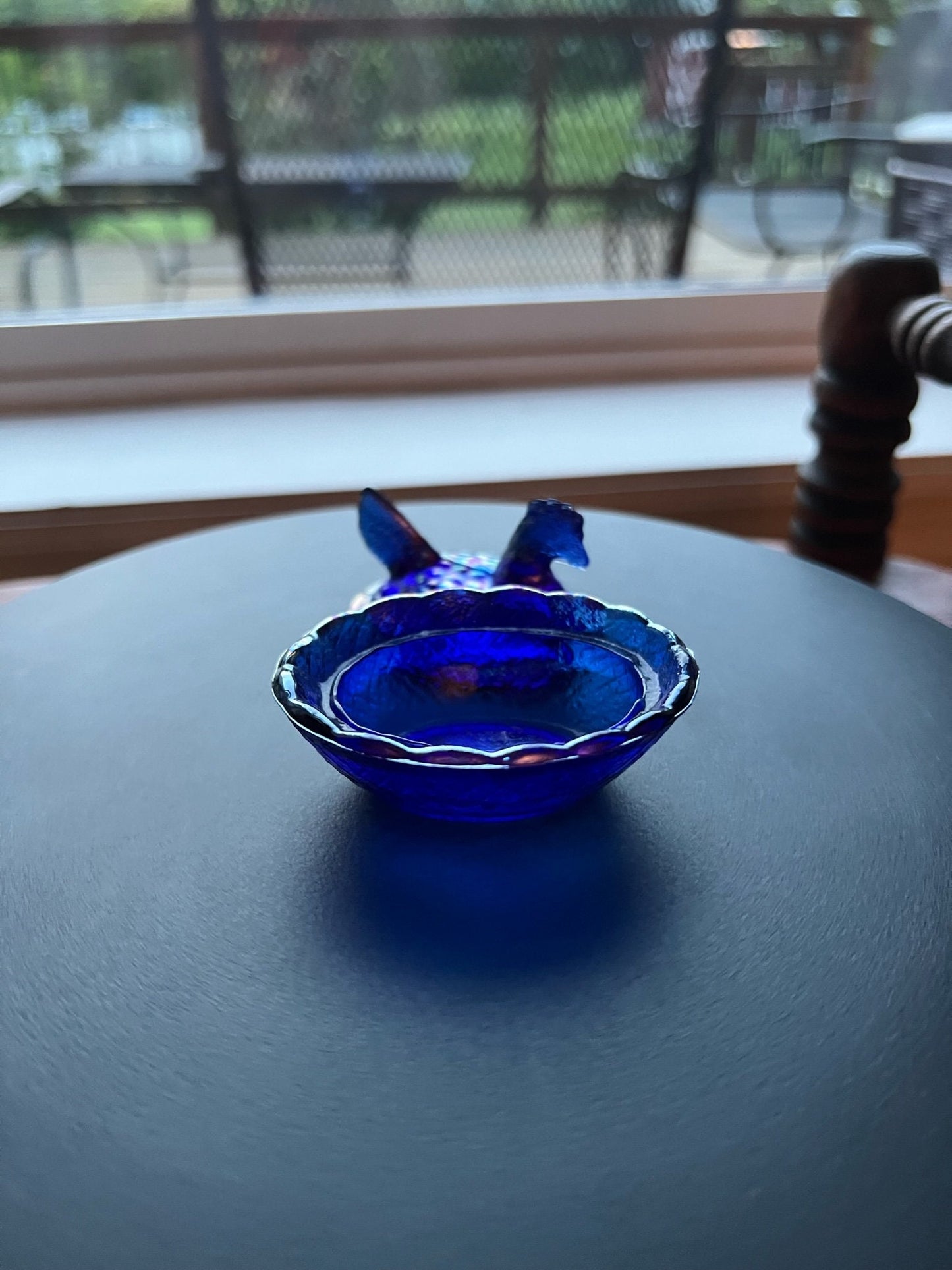 Vintage Cobalt Blue Rooster Covered Dish Nesting Glass Bird Covered Candy Dish Hand Pressed Figurines Lover Antiques