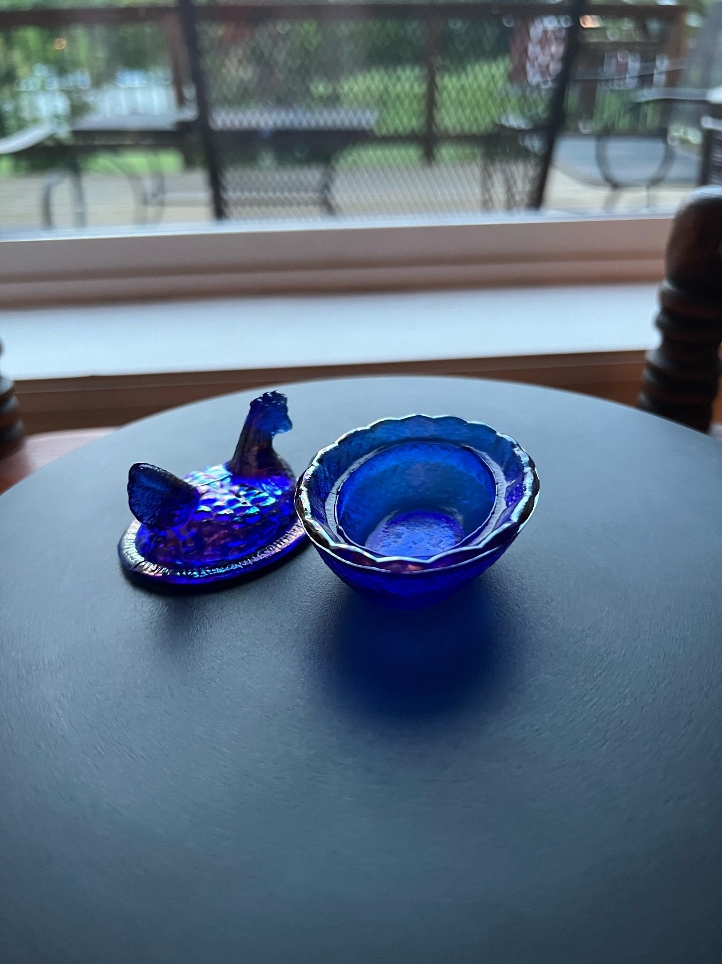 Vintage Cobalt Blue Rooster Covered Dish Nesting Glass Bird Covered Candy Dish Hand Pressed Figurines Lover Antiques