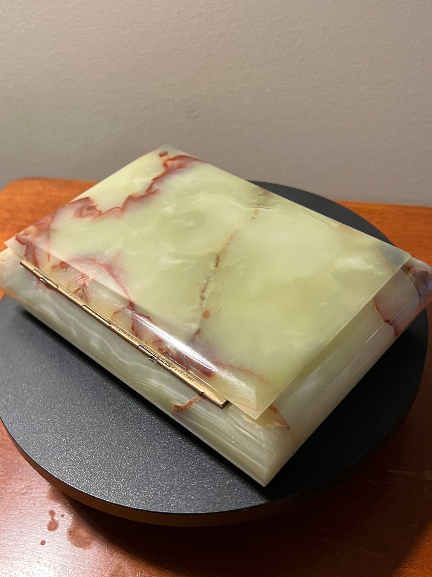 Vintage Green Onyx Trinket Box by Tiara Enterprises Hand Made Lidded Small Container Avocado Stone Hinged Box Lover Antiques and Vintage