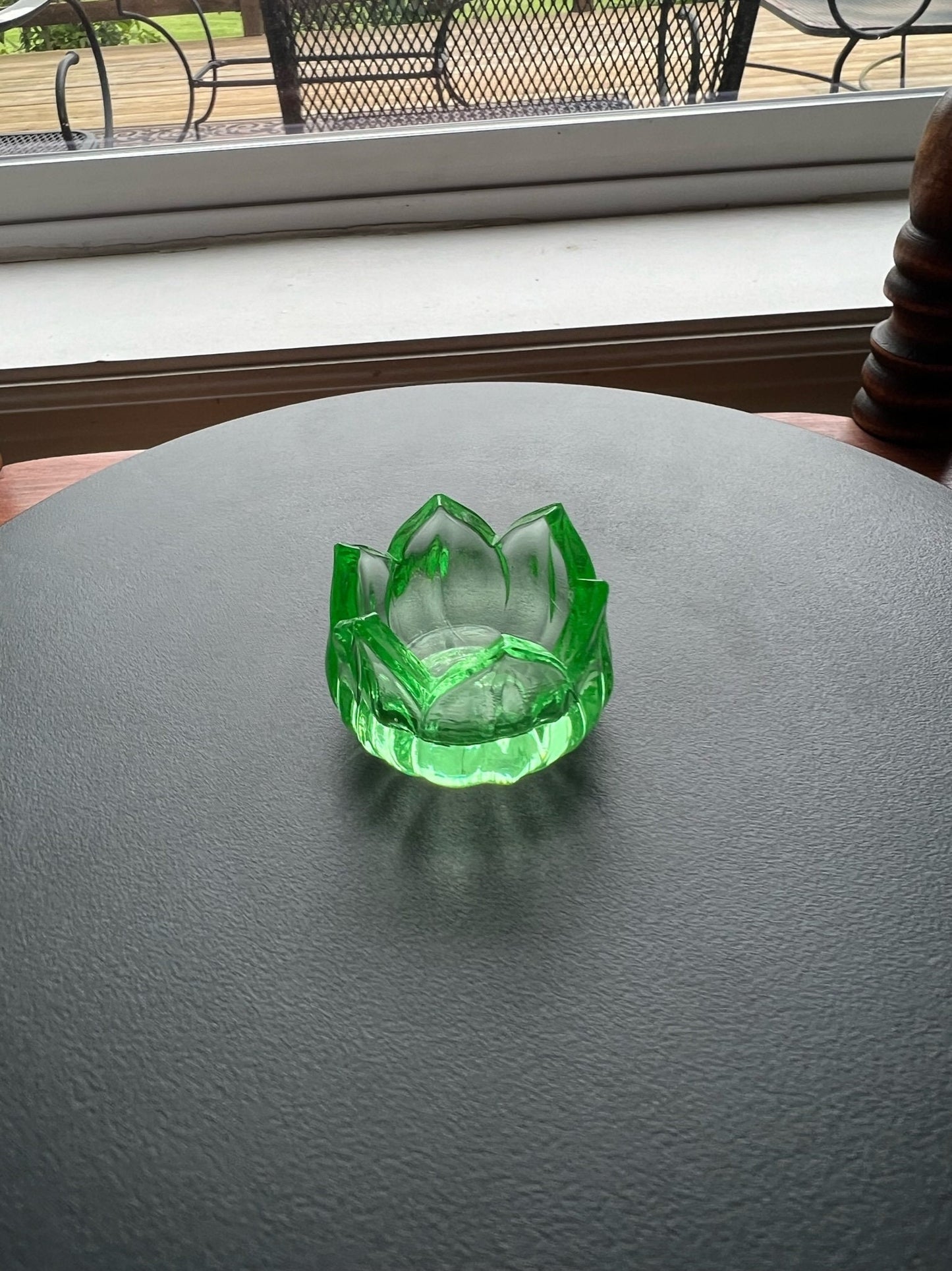 Vintage Westmoreland Green Lotus Salt Dish Vaseline Glows Flower Mini Cut Glass Figurine Uranium Toothpick Holder, Container Lover Antiques