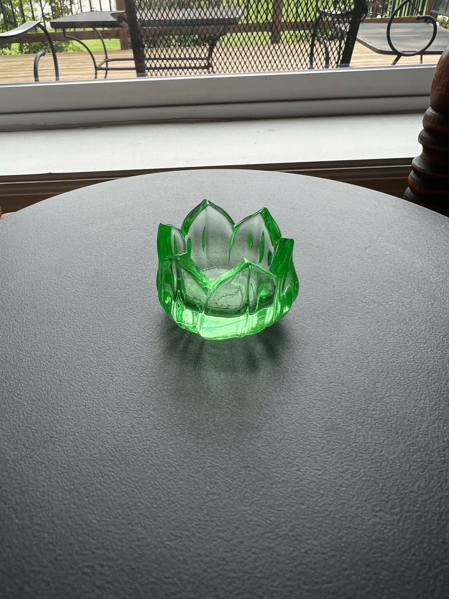 Vintage Westmoreland Green Lotus Salt Dish Vaseline Glows Flower Mini Cut Glass Figurine Uranium Toothpick Holder, Container Lover Antiques