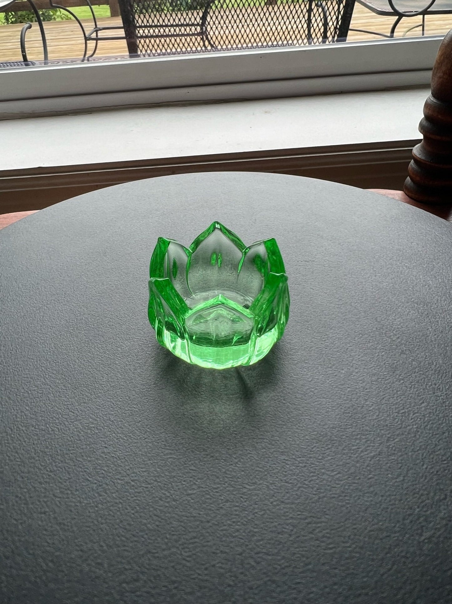 Vintage Westmoreland Green Lotus Salt Dish Vaseline Glows Flower Mini Cut Glass Figurine Uranium Toothpick Holder, Container Lover Antiques