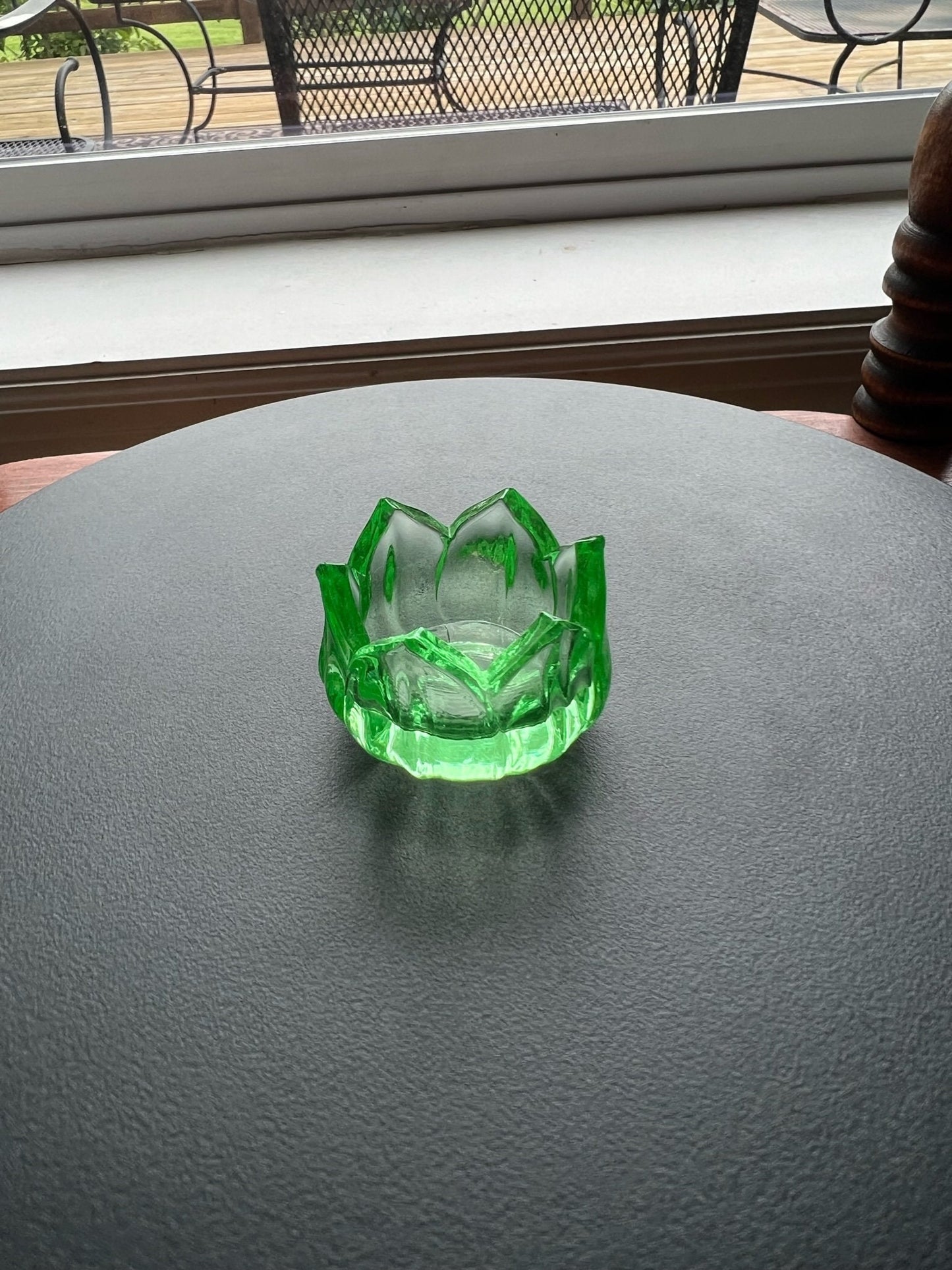 Vintage Westmoreland Green Lotus Salt Dish Vaseline Glows Flower Mini Cut Glass Figurine Uranium Toothpick Holder, Container Lover Antiques