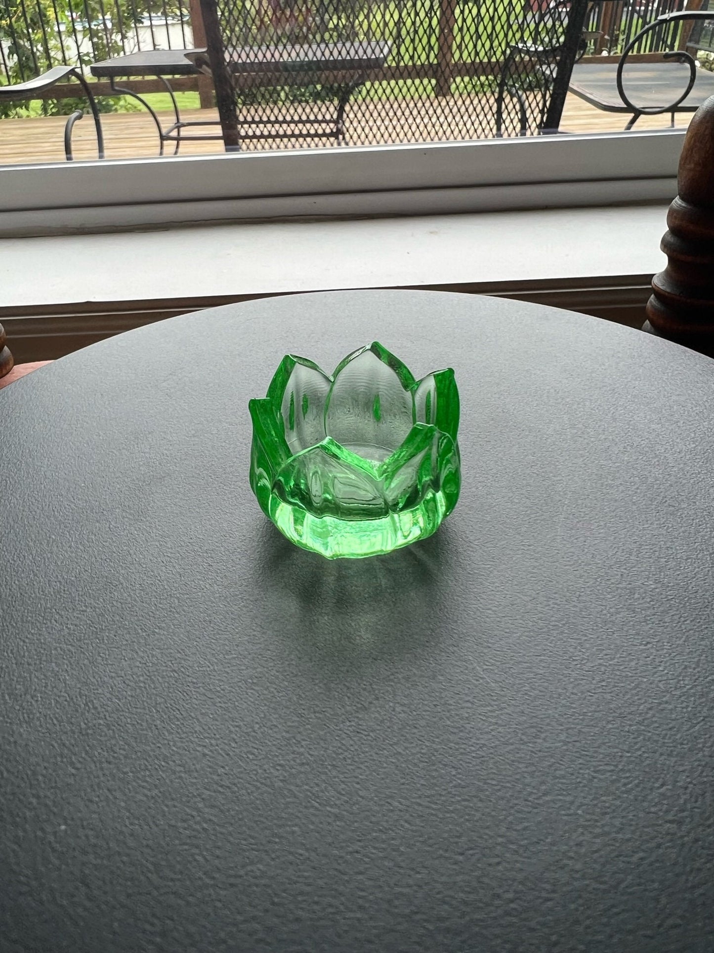 Vintage Westmoreland Green Lotus Salt Dish Vaseline Glows Flower Mini Cut Glass Figurine Uranium Toothpick Holder, Container Lover Antiques