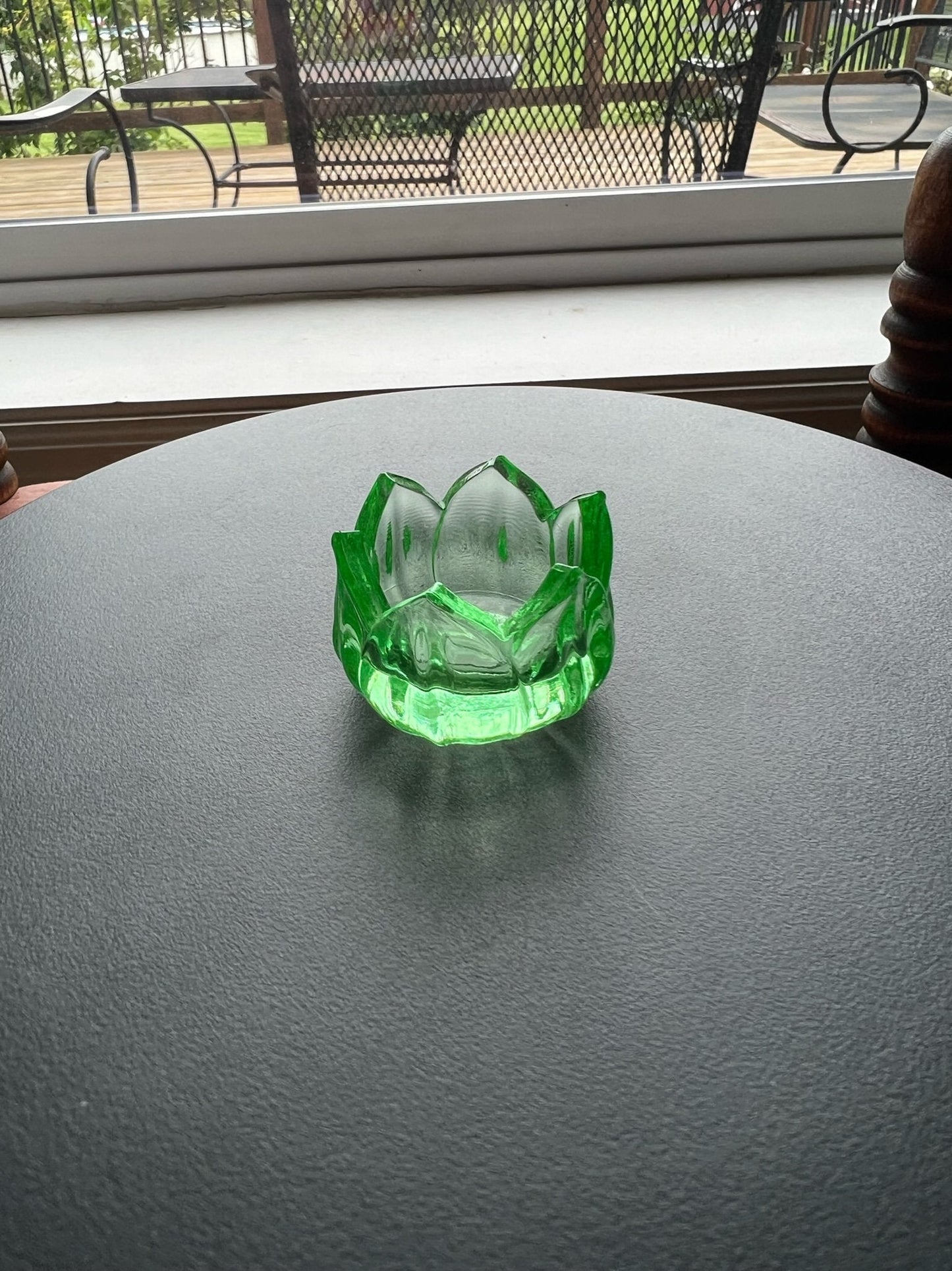 Vintage Westmoreland Green Lotus Salt Dish Vaseline Glows Flower Mini Cut Glass Figurine Uranium Toothpick Holder, Container Lover Antiques