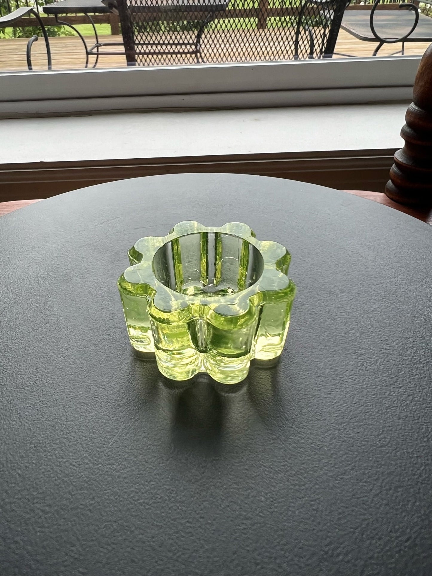 Vintage Yellow Green Flower Salt Dish Vaseline Glows Mini Cut Glass Figurine Uranium Toothpick Holder, Container Lover Antiques and Vintage