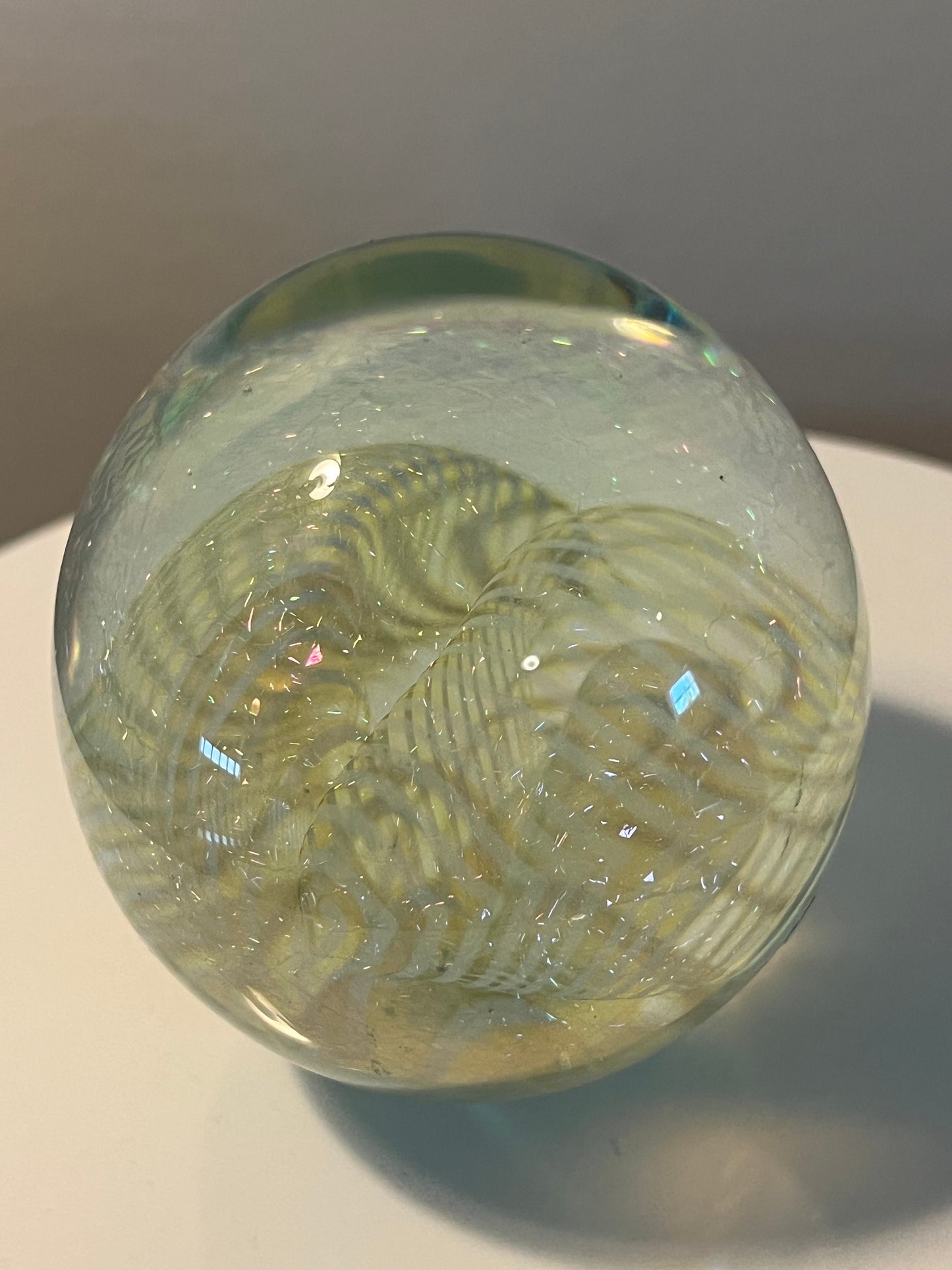 Vintage Robert Eickholt Dichroic Glass Art Paperweight layered glass hues of metallic sparkle Lover Antiques