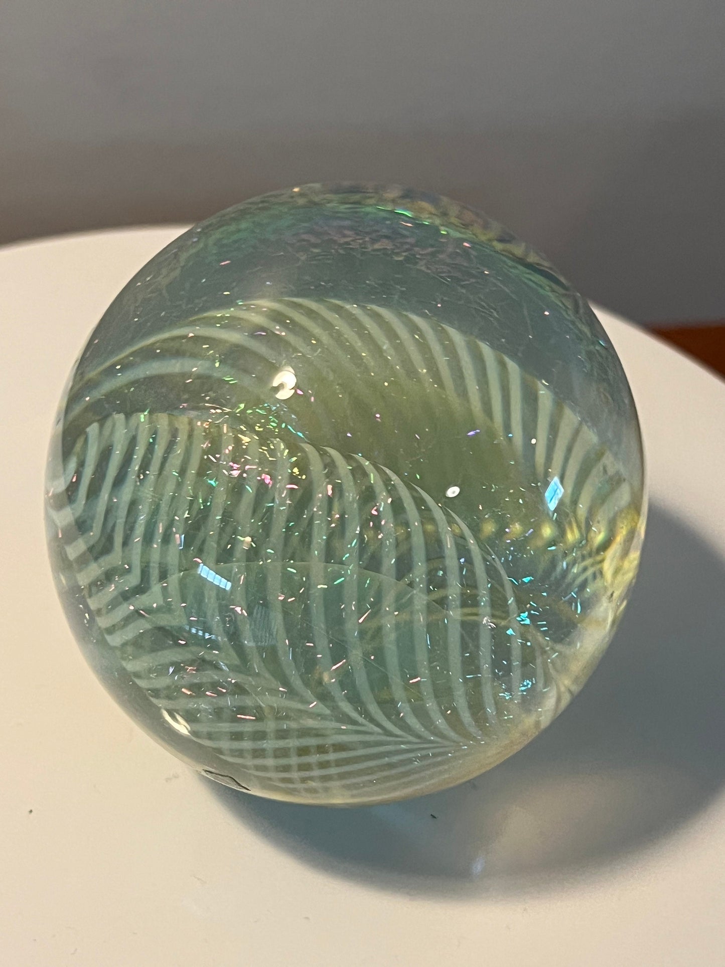 Vintage Robert Eickholt Dichroic Glass Art Paperweight layered glass hues of metallic sparkle Lover Antiques