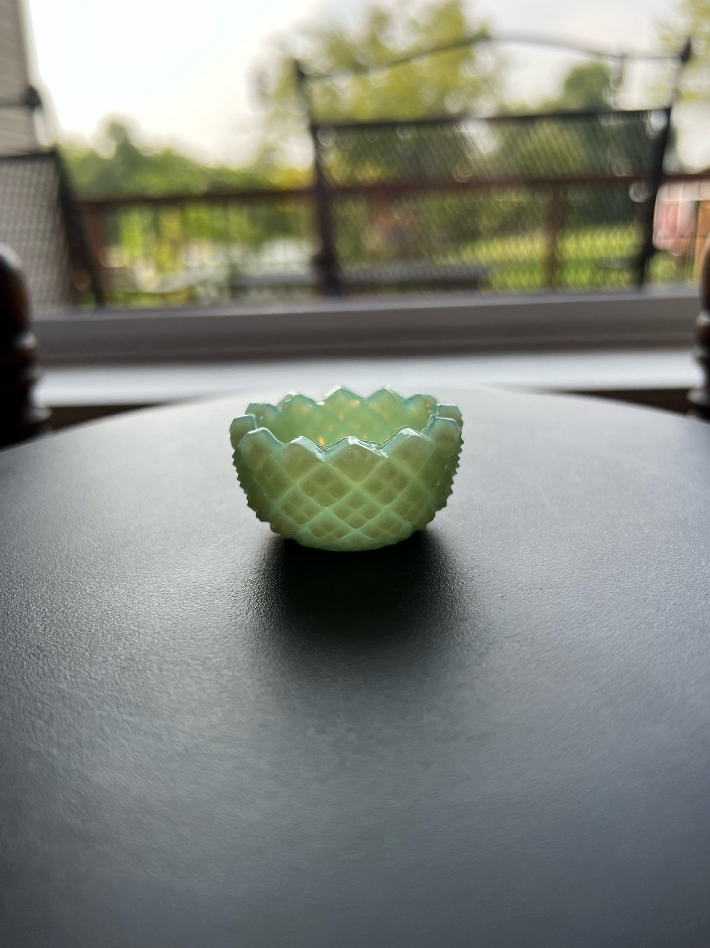 Vintage Green Jadeite Flower Salt Dish Vaseline Glows Mini Cut Glass Figurine Uranium Toothpick Holder, Container Lover Antiques and Vintage