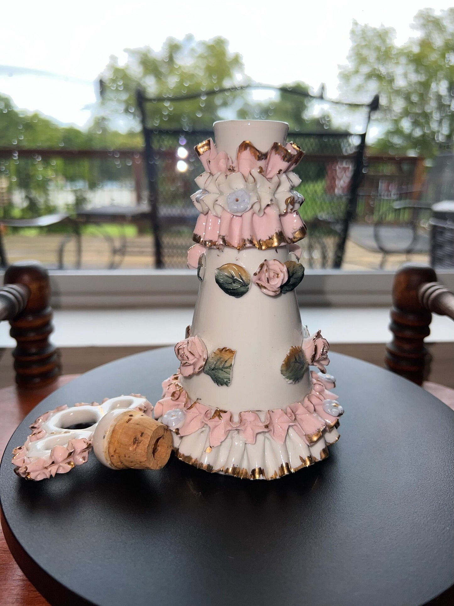 Vintage Thames Hand Painted Roses Perfume Bottle Ceramic Frilly Lace Lover Antiques and Vintage