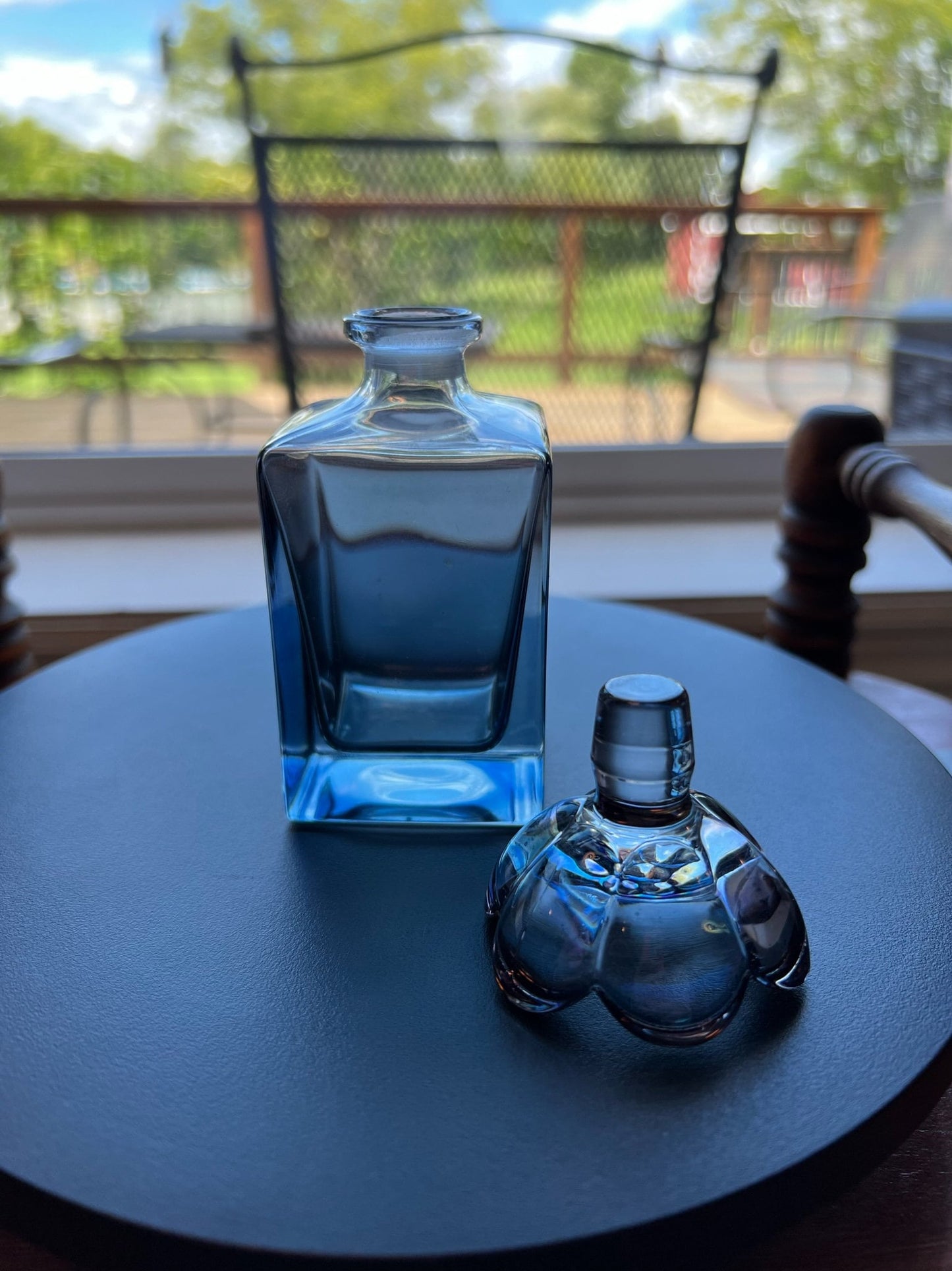 Vintage Blue Glass Perfume Bottle Decanter with Flower Stopper Art Glass Perfume Cologne Bottle Lover Antiques and Vintage