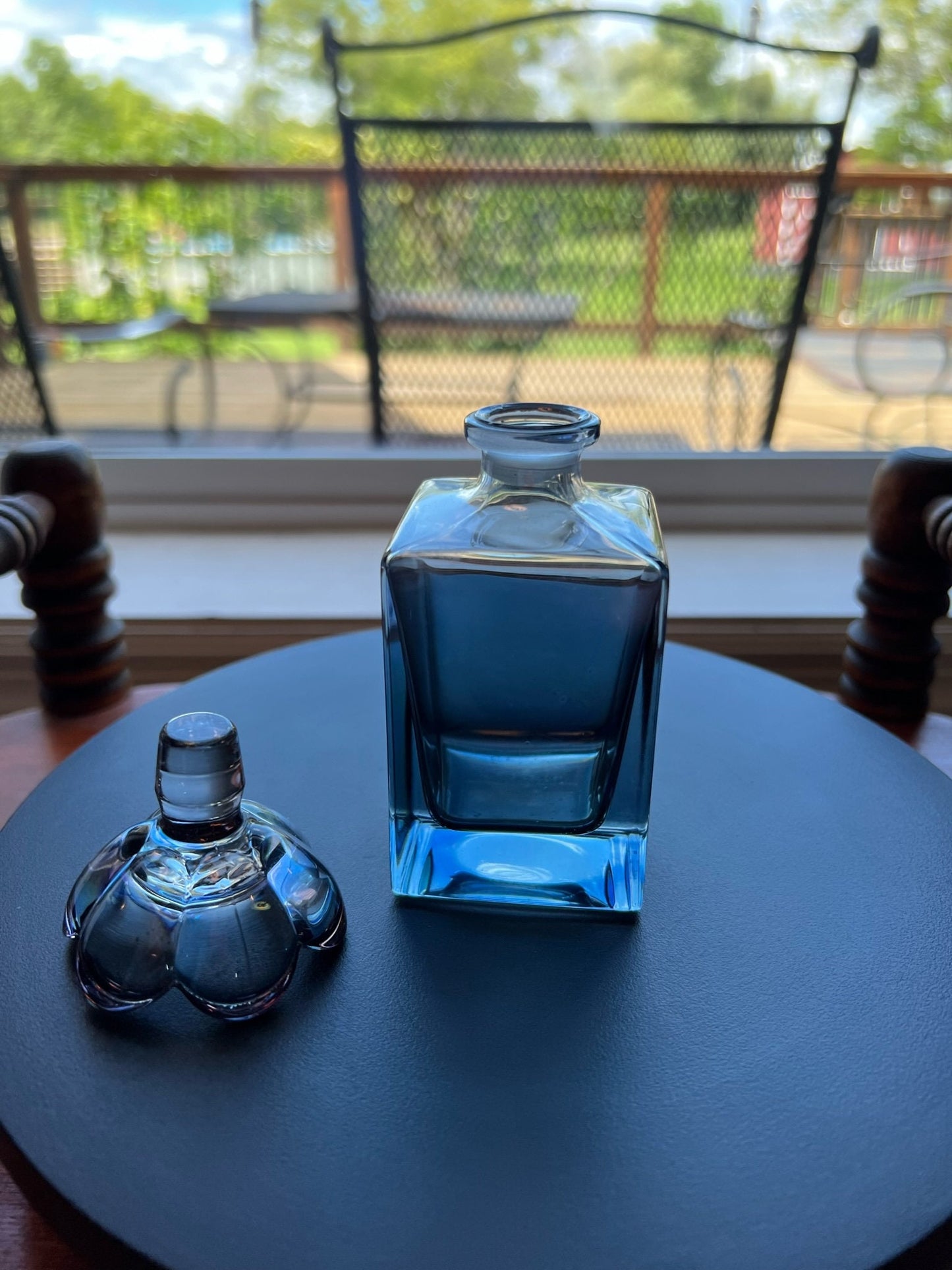Vintage Blue Glass Perfume Bottle Decanter with Flower Stopper Art Glass Perfume Cologne Bottle Lover Antiques and Vintage