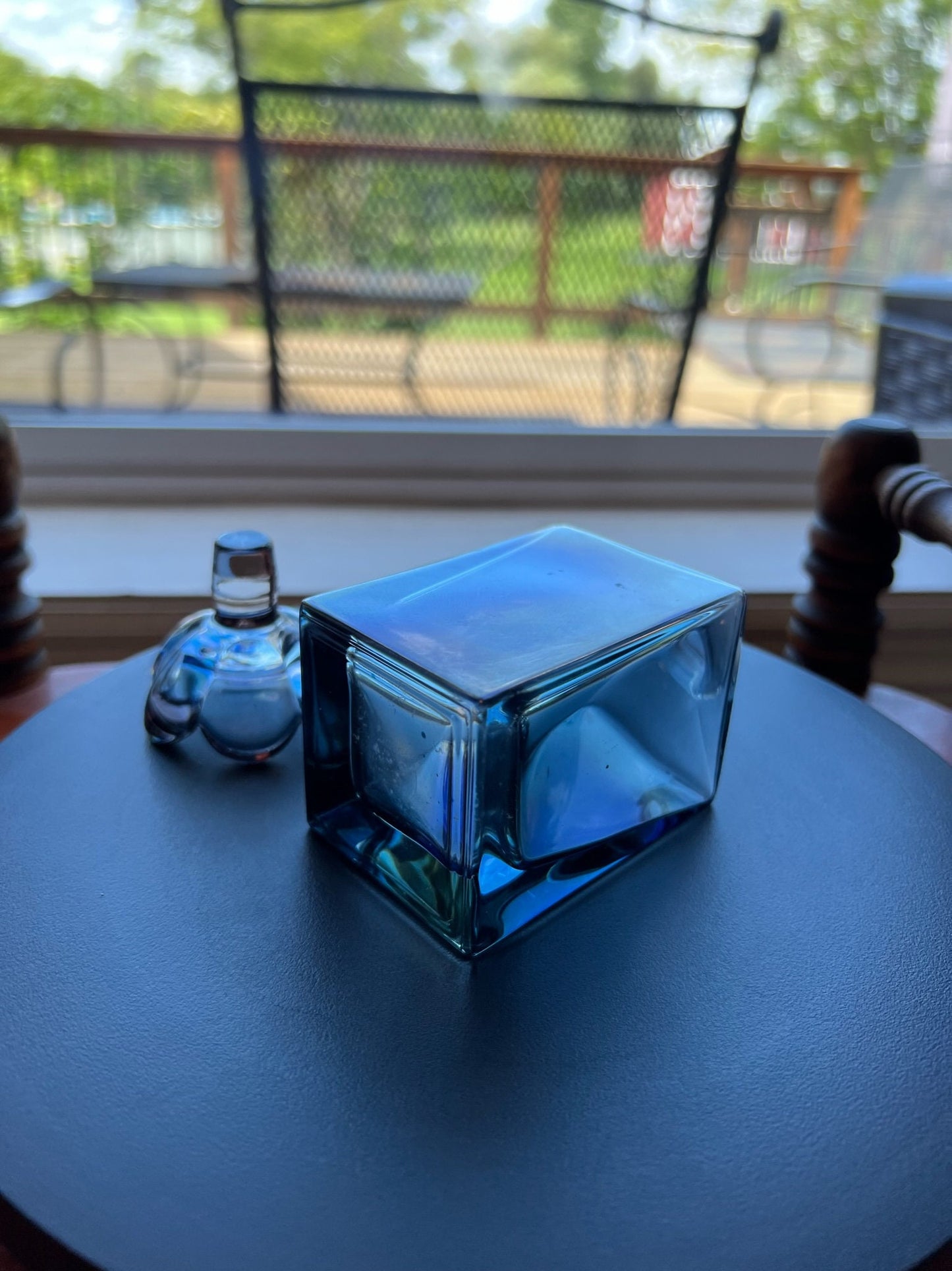 Vintage Blue Glass Perfume Bottle Decanter with Flower Stopper Art Glass Perfume Cologne Bottle Lover Antiques and Vintage