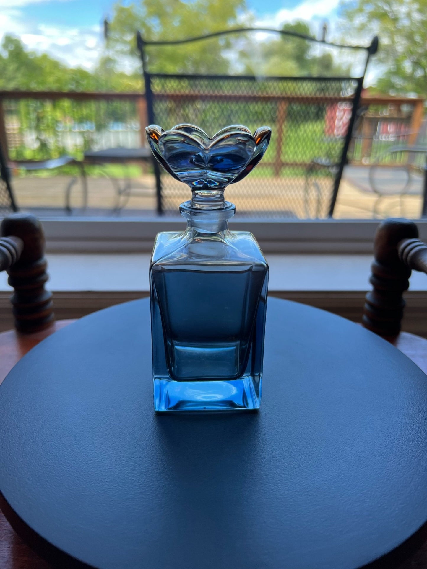 Vintage Blue Glass Perfume Bottle Decanter with Flower Stopper Art Glass Perfume Cologne Bottle Lover Antiques and Vintage