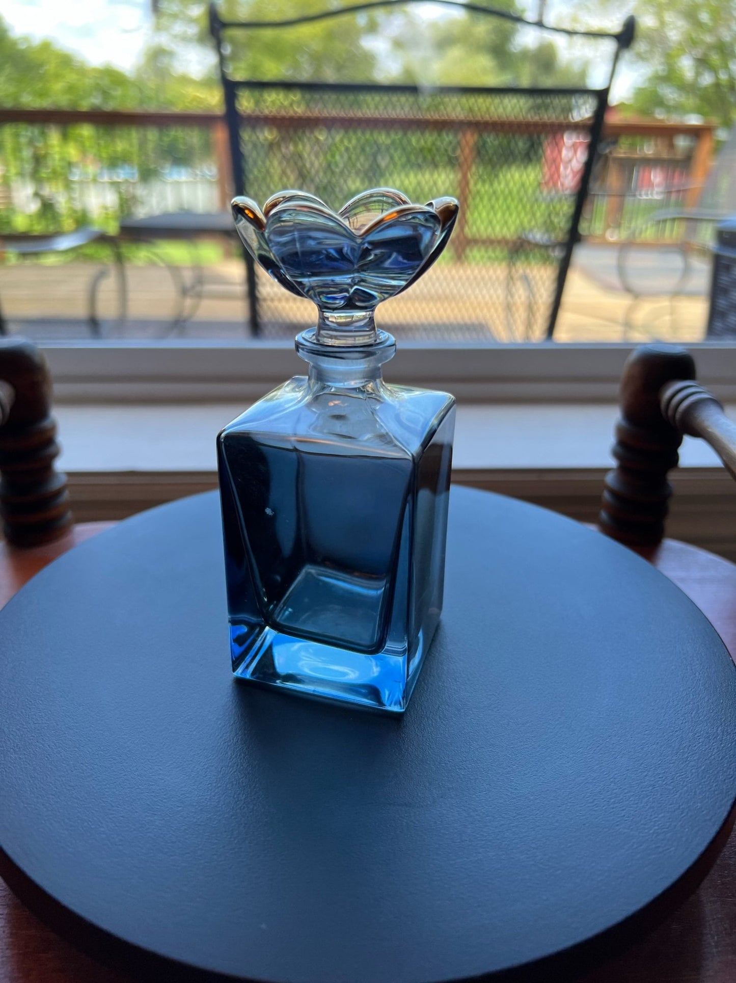 Vintage Blue Glass Perfume Bottle Decanter with Flower Stopper Art Glass Perfume Cologne Bottle Lover Antiques and Vintage