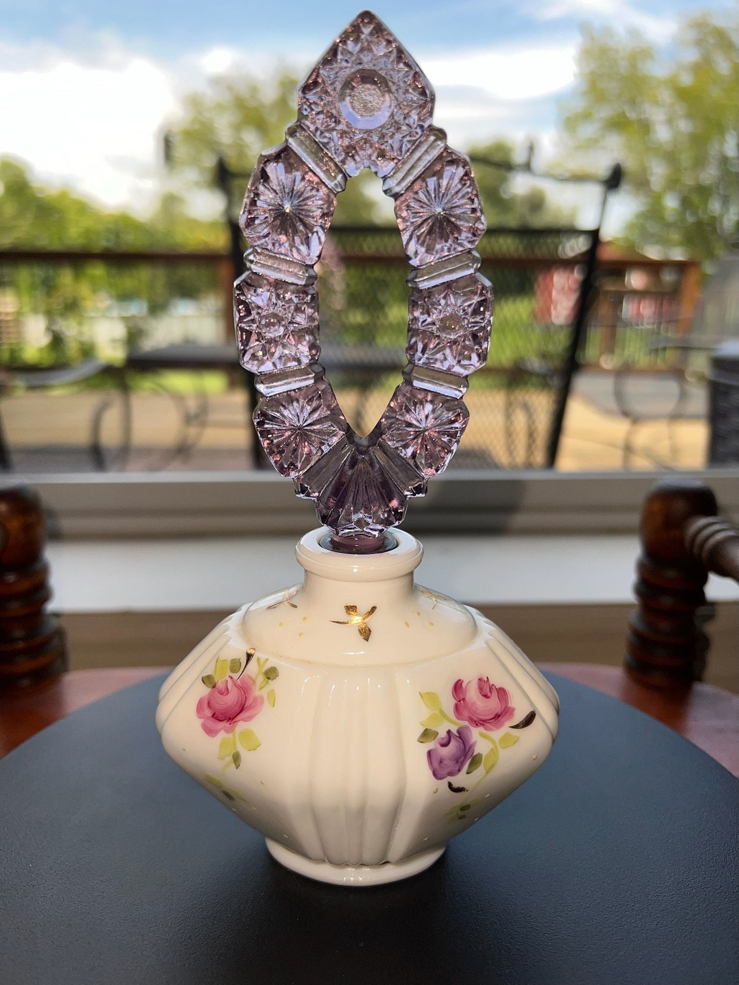 Vintage Fenton Charleton Perfume Bottle with Etched Stopper Hand Painted by L. Everson Ruffled Vase Lover Antiques and Vintage