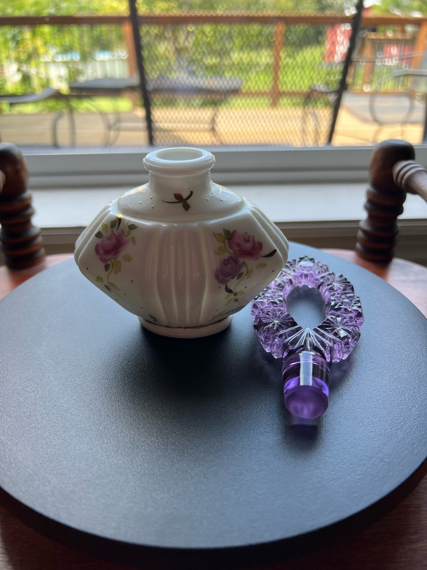 Vintage Fenton Charleton Perfume Bottle with Etched Stopper Hand Painted by L. Everson Ruffled Vase Lover Antiques and Vintage