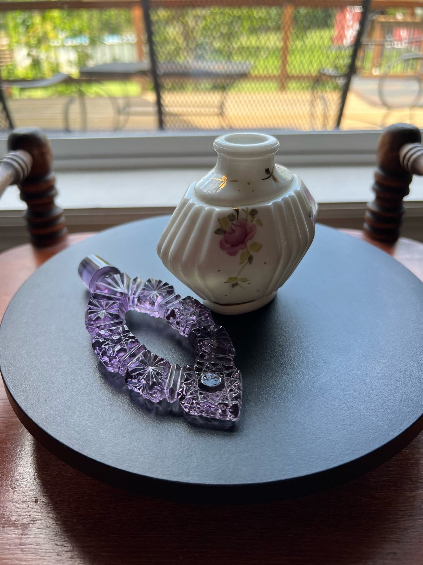 Vintage Fenton Charleton Perfume Bottle with Etched Stopper Hand Painted by L. Everson Ruffled Vase Lover Antiques and Vintage
