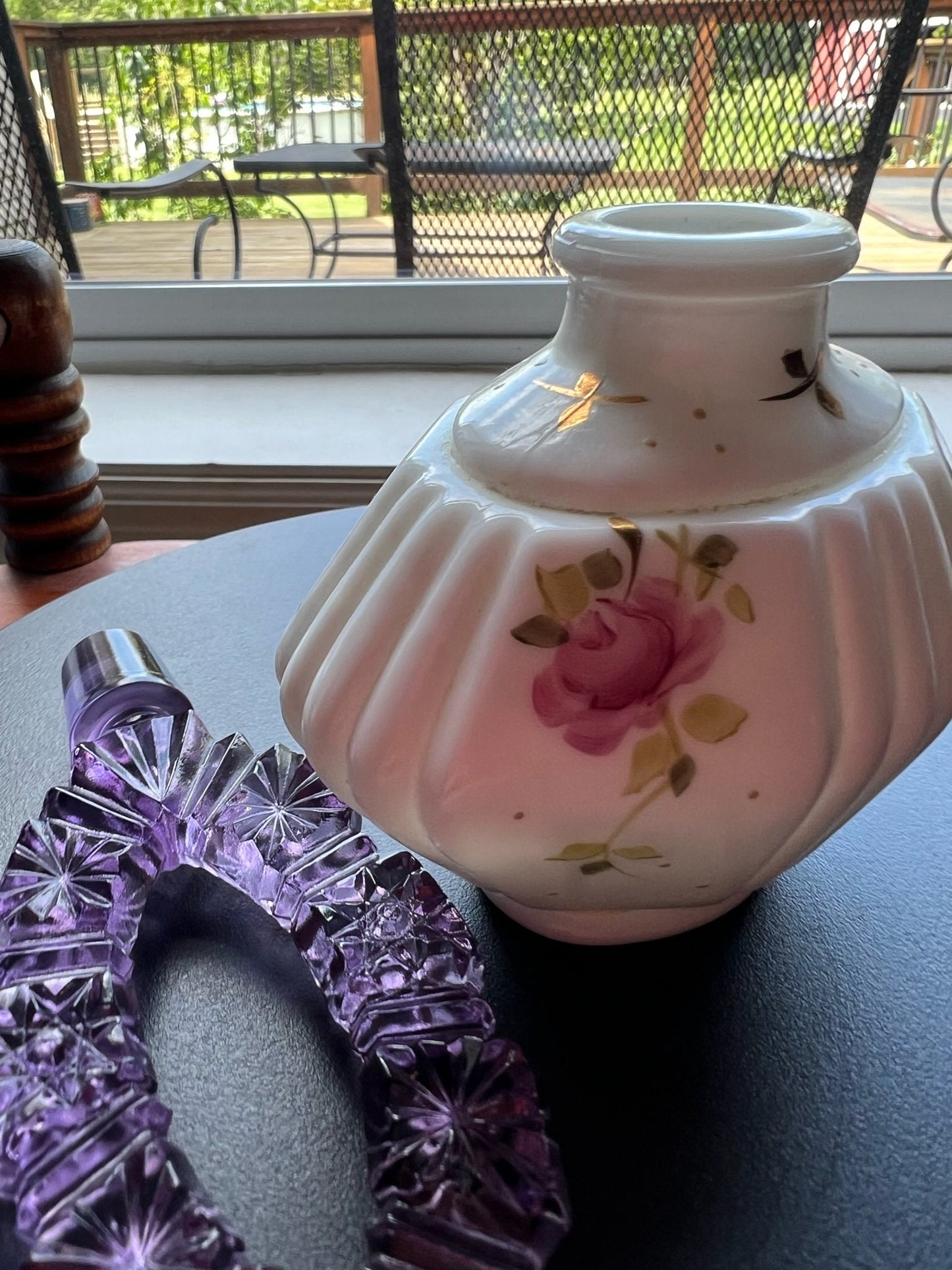 Vintage Fenton Charleton Perfume Bottle with Etched Stopper Hand Painted by L. Everson Ruffled Vase Lover Antiques and Vintage