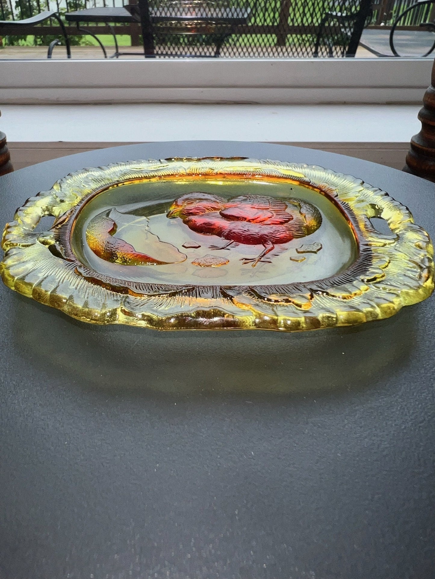 Vintage Amber Pressed Glass Plate with Chick Emerging from Egg Yellow Glass Art Small Plate Lover Antiques and Vintage