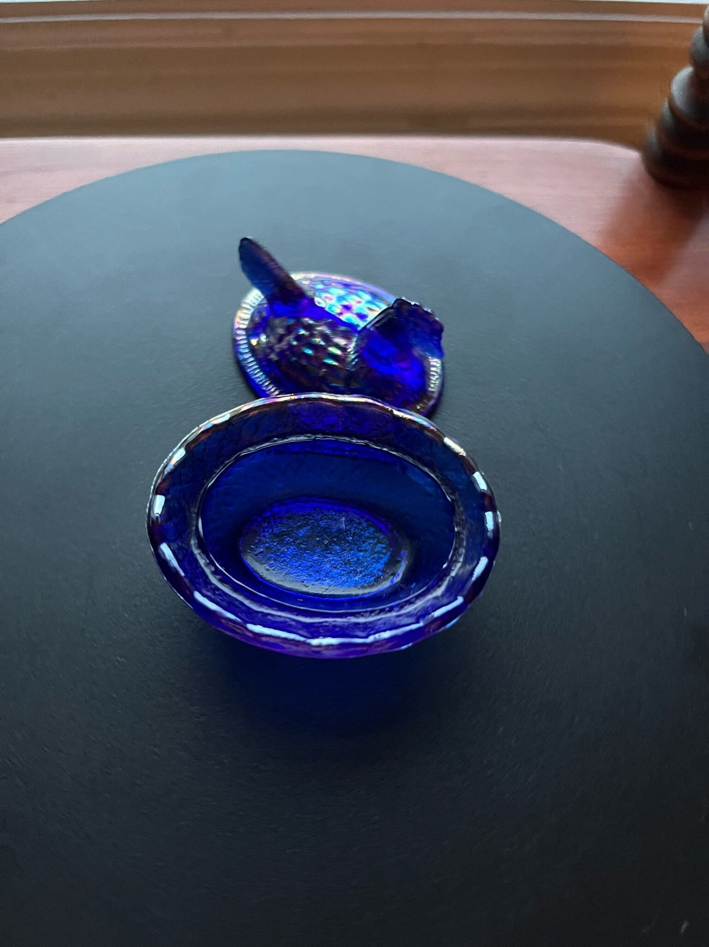 Vintage Cobalt Blue Rooster Covered Dish Nesting Glass Bird Covered Candy Dish Hand Pressed Figurines Lover Antiques