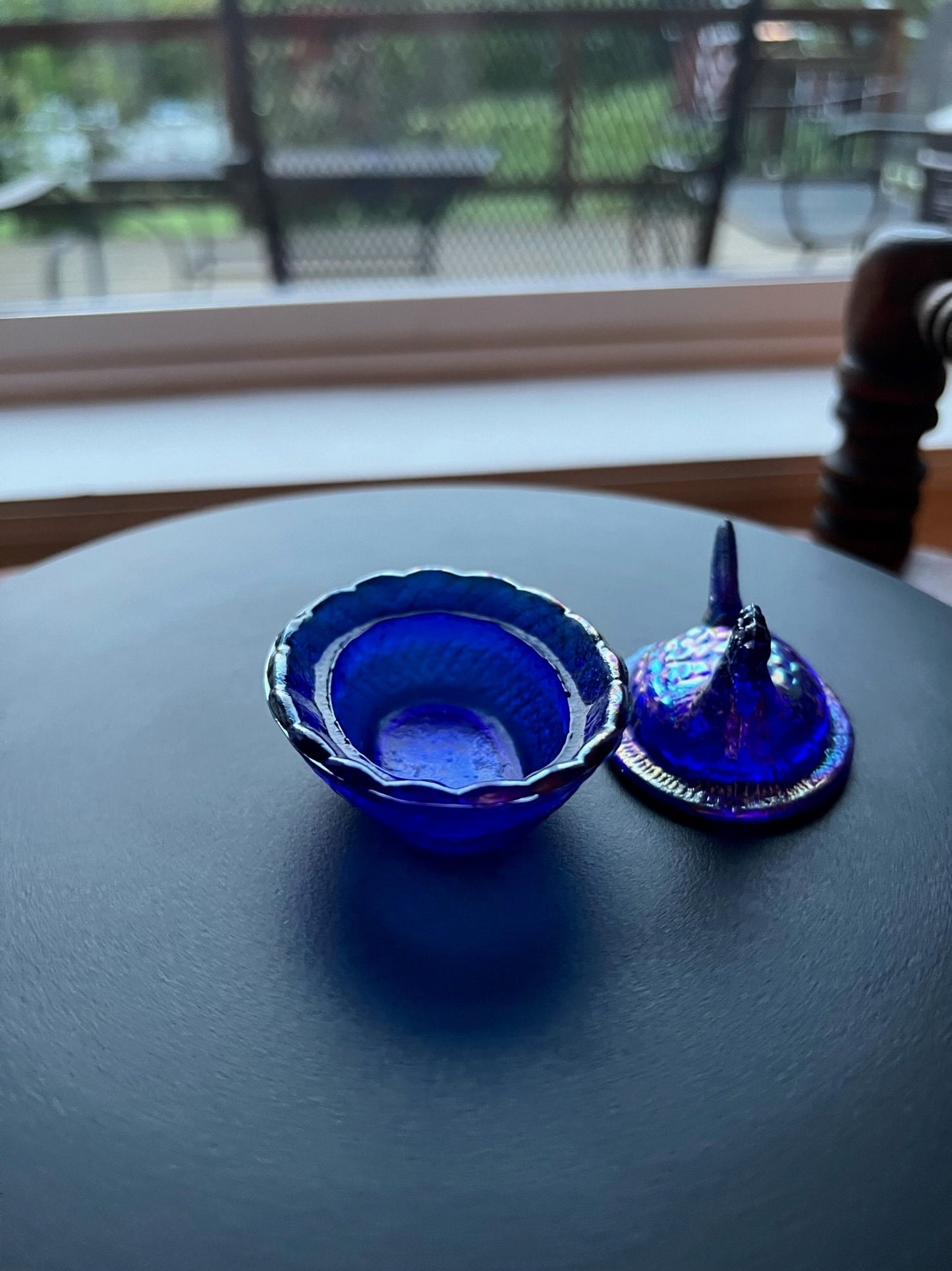 Vintage Cobalt Blue Rooster Covered Dish Nesting Glass Bird Covered Candy Dish Hand Pressed Figurines Lover Antiques