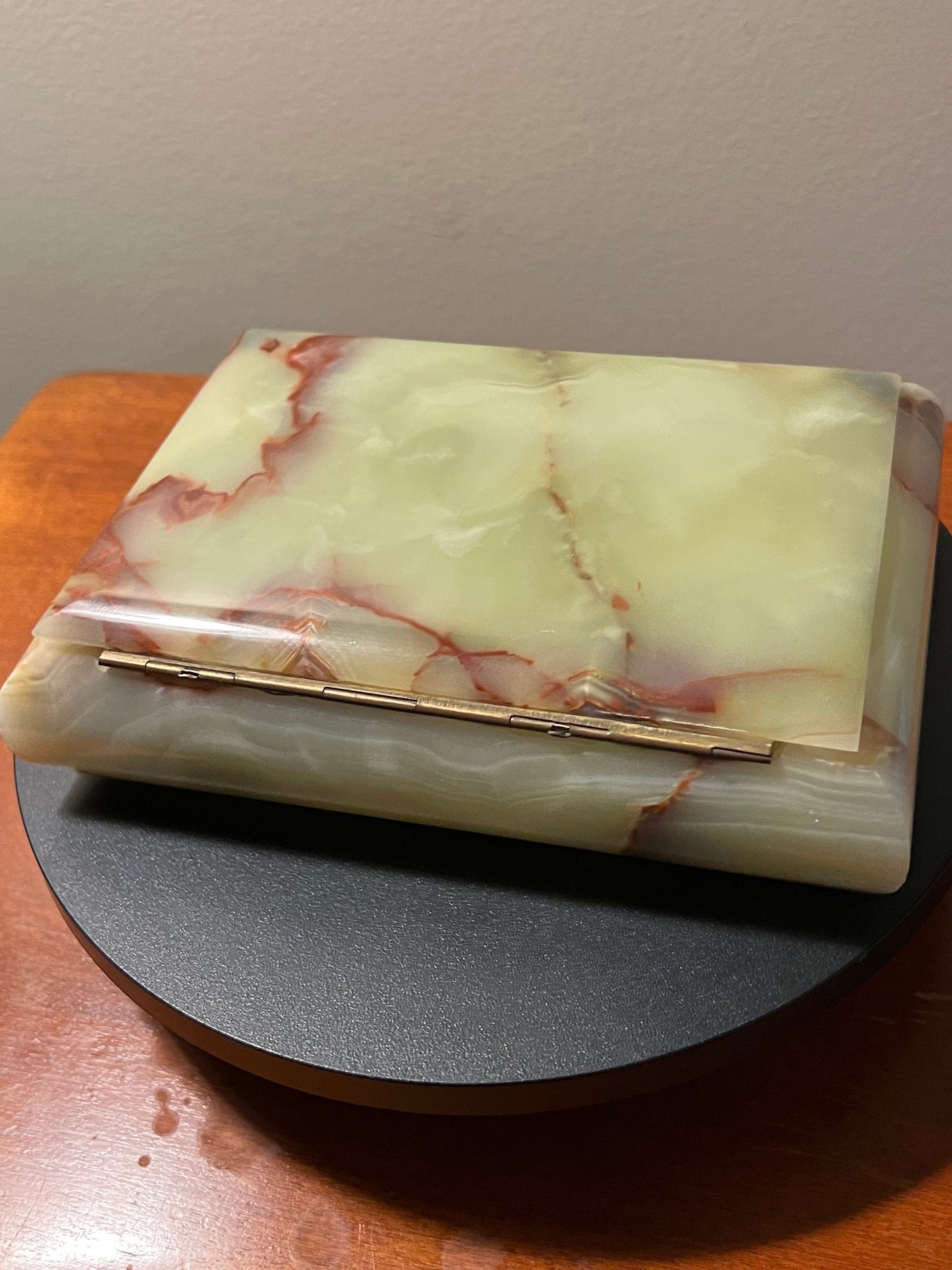 Vintage Green Onyx Trinket Box by Tiara Enterprises Hand Made Lidded Small Container Avocado Stone Hinged Box Lover Antiques and Vintage