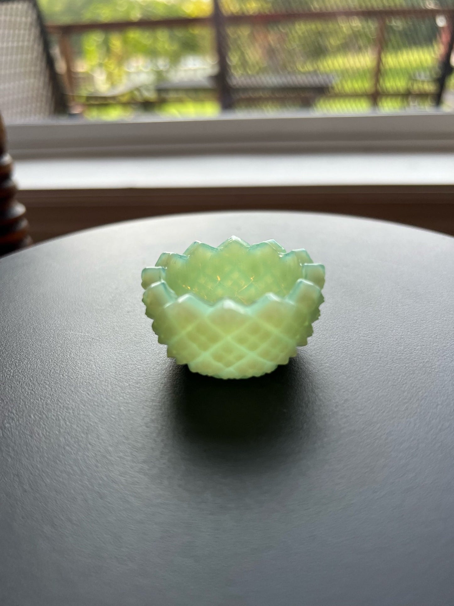 Vintage Green Jadeite Flower Salt Dish Vaseline Glows Mini Cut Glass Figurine Uranium Toothpick Holder, Container Lover Antiques and Vintage