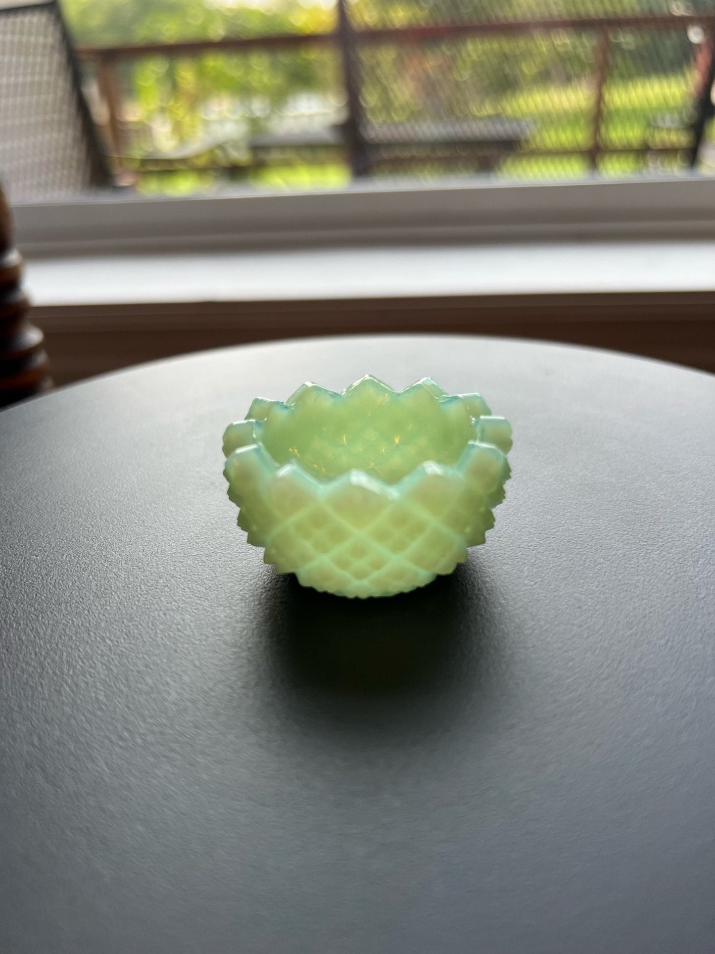 Vintage Green Jadeite Flower Salt Dish Vaseline Glows Mini Cut Glass Figurine Uranium Toothpick Holder, Container Lover Antiques and Vintage