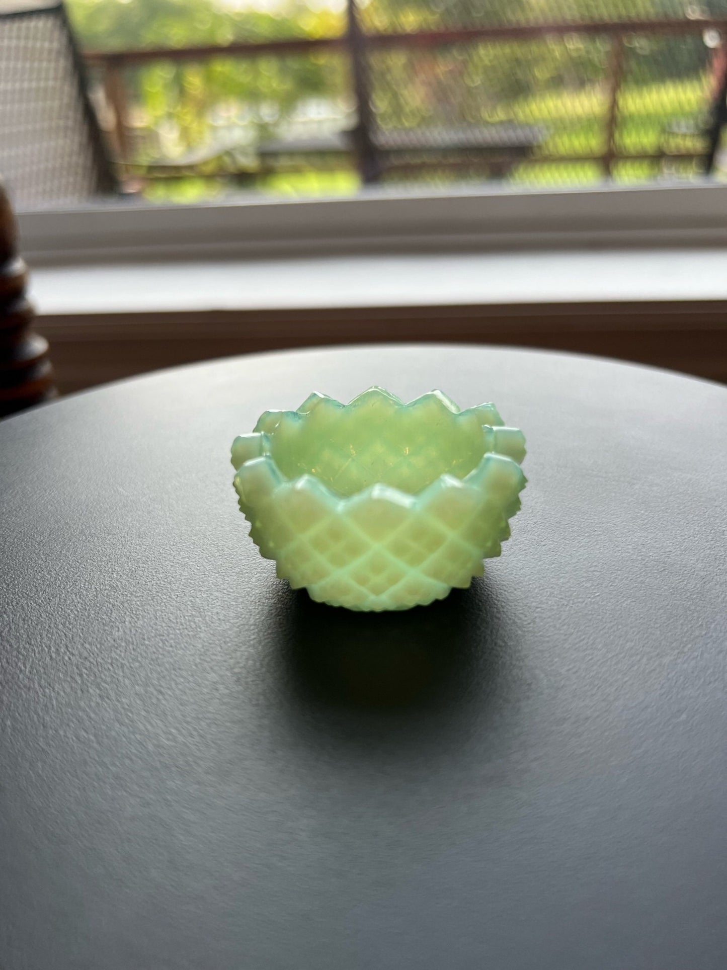 Vintage Green Jadeite Flower Salt Dish Vaseline Glows Mini Cut Glass Figurine Uranium Toothpick Holder, Container Lover Antiques and Vintage