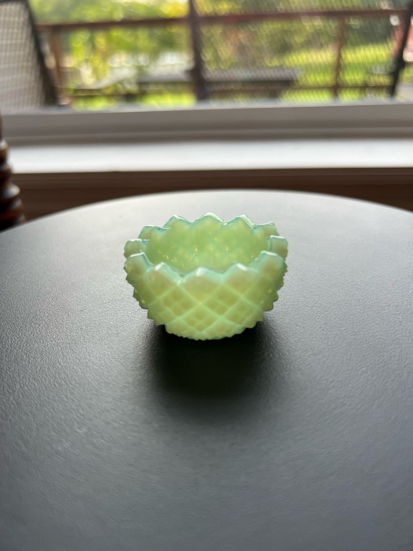 Vintage Green Jadeite Flower Salt Dish Vaseline Glows Mini Cut Glass Figurine Uranium Toothpick Holder, Container Lover Antiques and Vintage