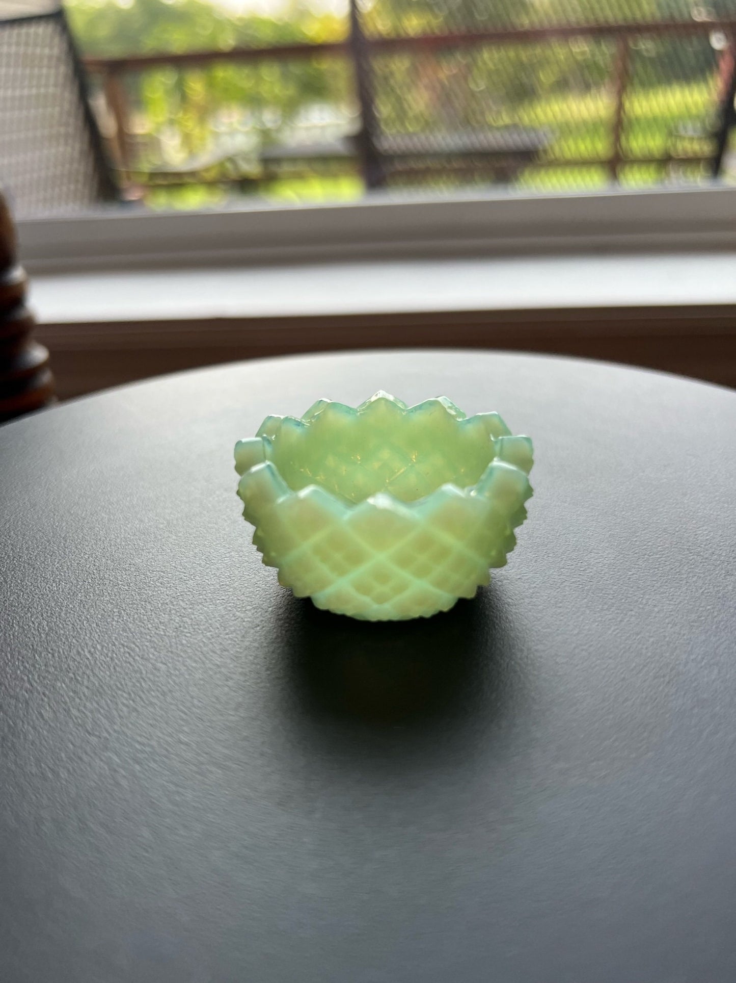 Vintage Green Jadeite Flower Salt Dish Vaseline Glows Mini Cut Glass Figurine Uranium Toothpick Holder, Container Lover Antiques and Vintage