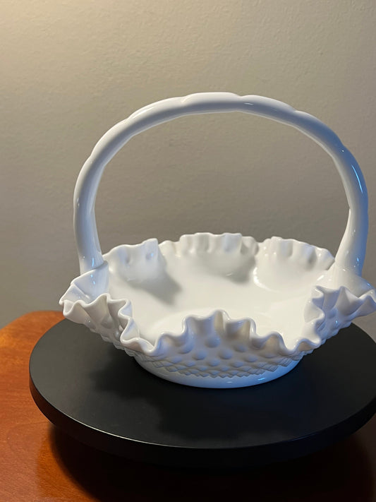 Vintage Fenton Milk Glass Hobnail Ruffled Hobnail Basket Large White Home Decor Glass Art Lover Antiques and Vintage