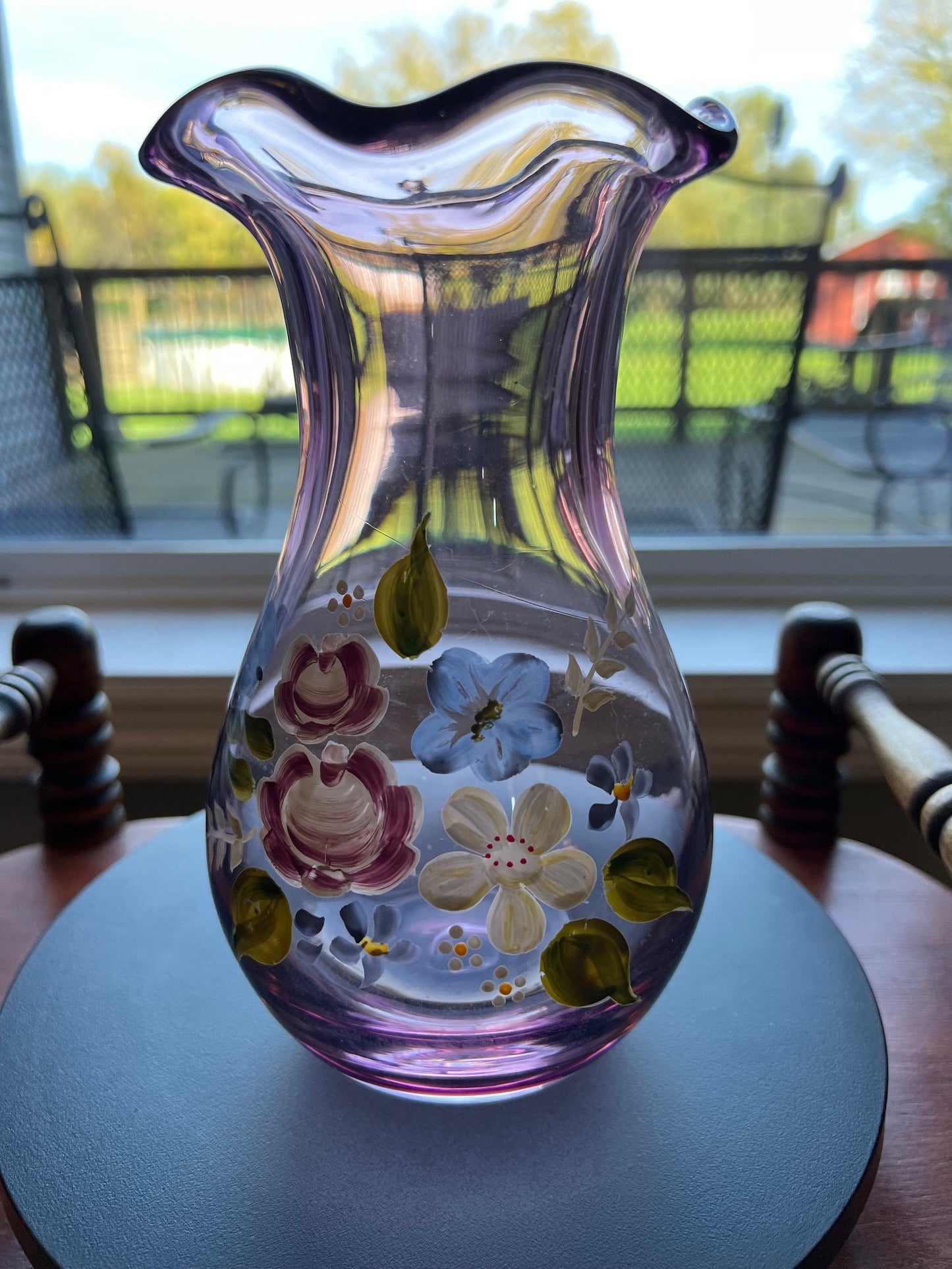Vintage Fenton Hand Painted Purple Amethyst Vase, Ruffled Top Vase, Art Glass Lover Antiques