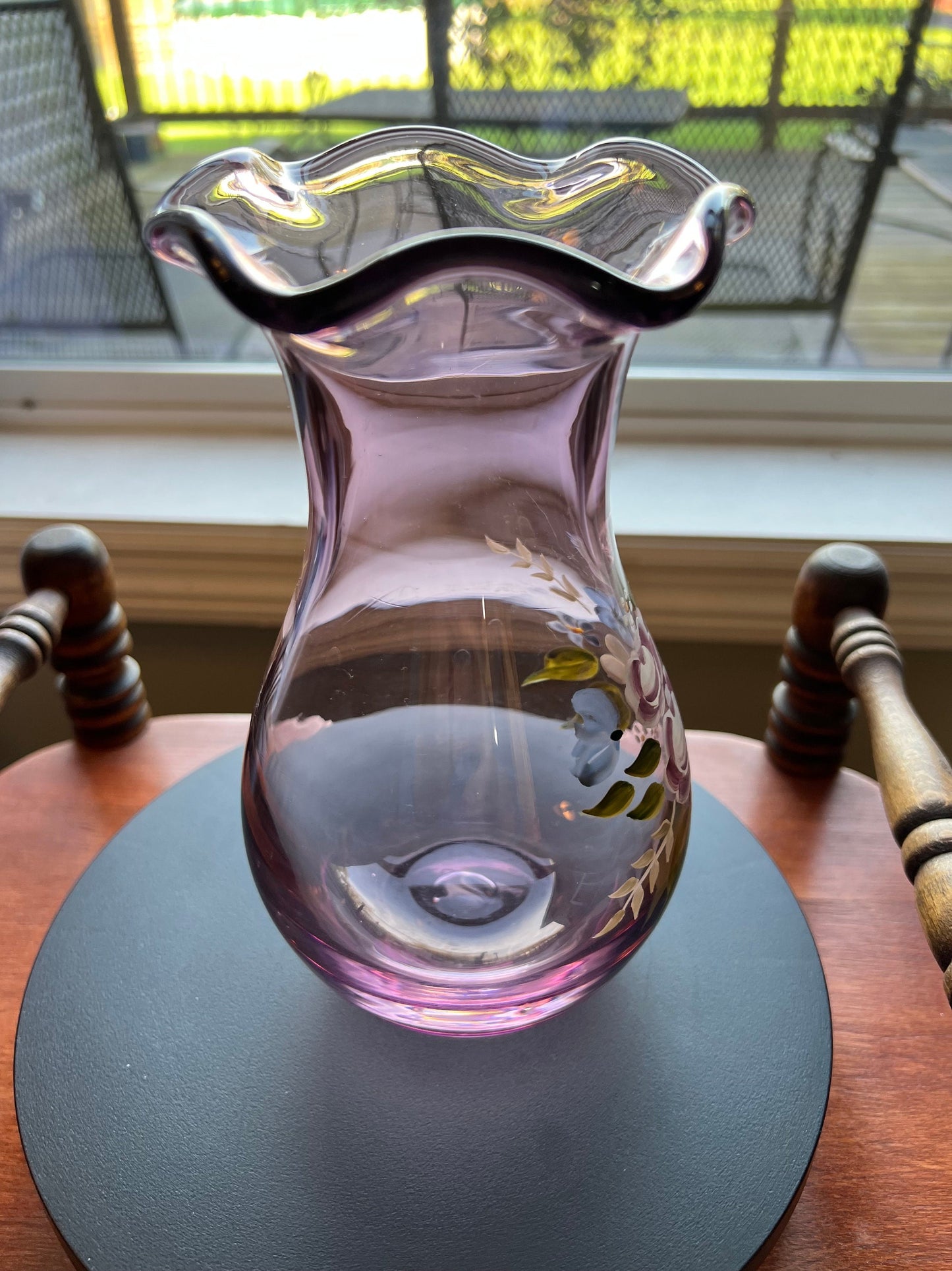Vintage Fenton Hand Painted Purple Amethyst Vase, Ruffled Top Vase, Art Glass Lover Antiques