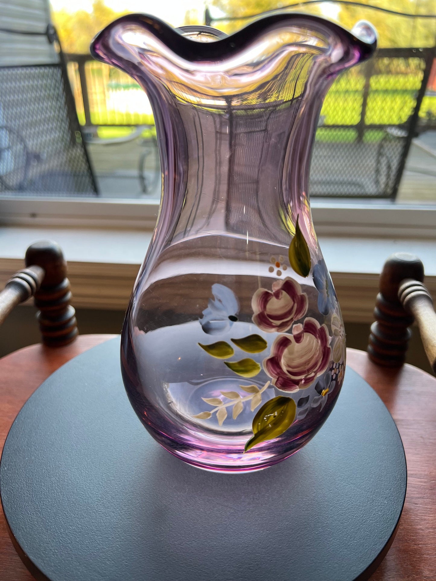 Vintage Fenton Hand Painted Purple Amethyst Vase, Ruffled Top Vase, Art Glass Lover Antiques