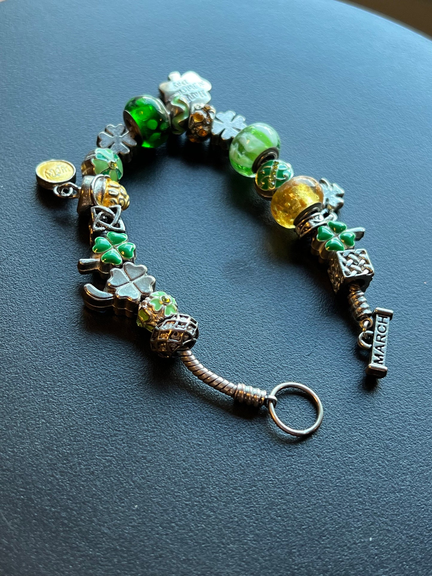Lucky March Charm bracelet, Green Bracelet, Willabee and Ward, 4 Leaf Clover, Luck, Jewelry Charms, Beads, Lover Antiques and Vintage