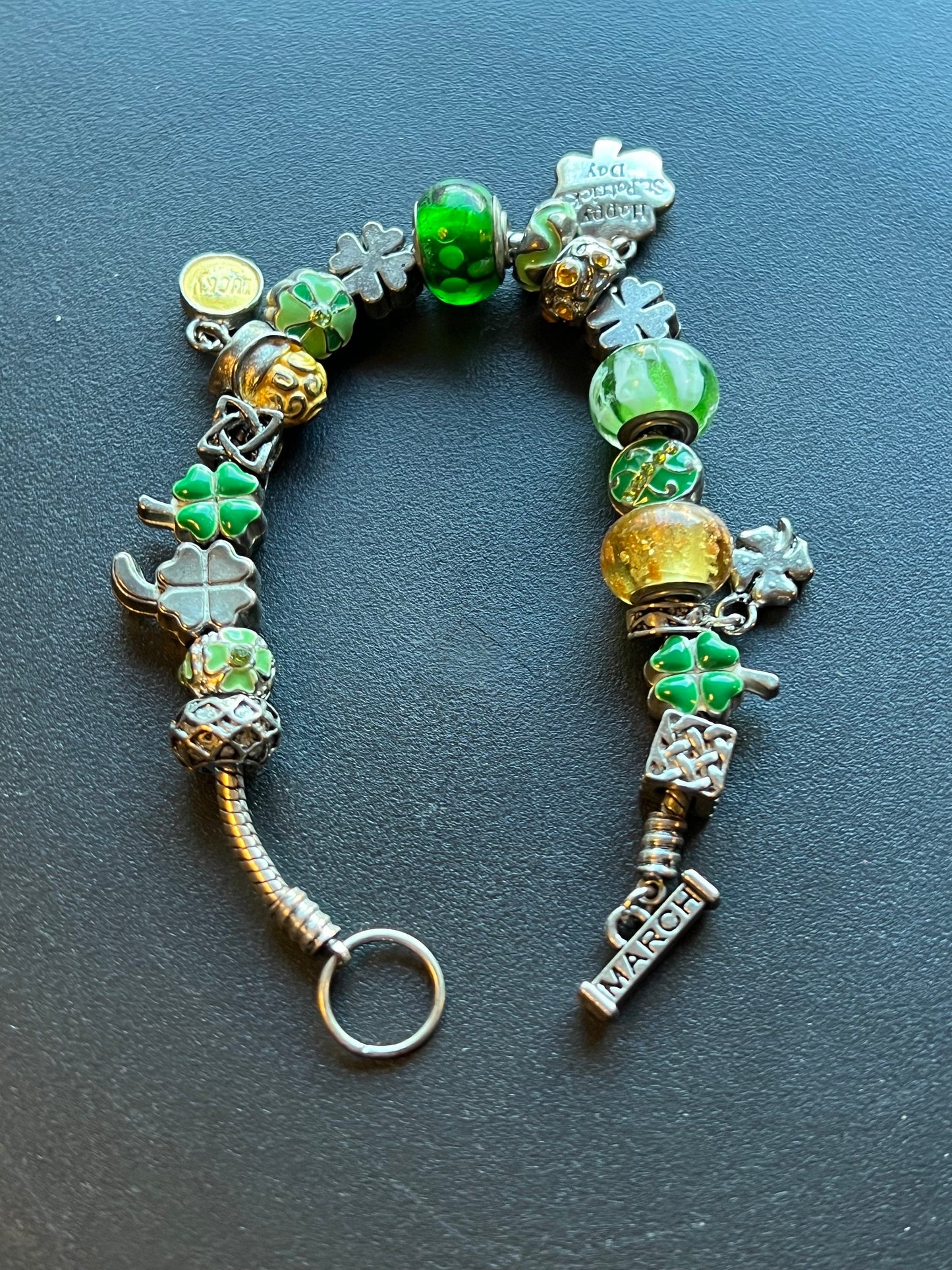 Lucky March Charm bracelet, Green Bracelet, Willabee and Ward, 4 Leaf Clover, Luck, Jewelry Charms, Beads, Lover Antiques and Vintage