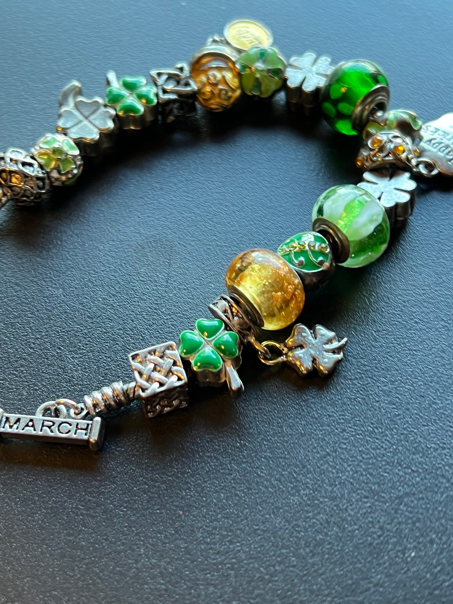 Lucky March Charm bracelet, Green Bracelet, Willabee and Ward, 4 Leaf Clover, Luck, Jewelry Charms, Beads, Lover Antiques and Vintage