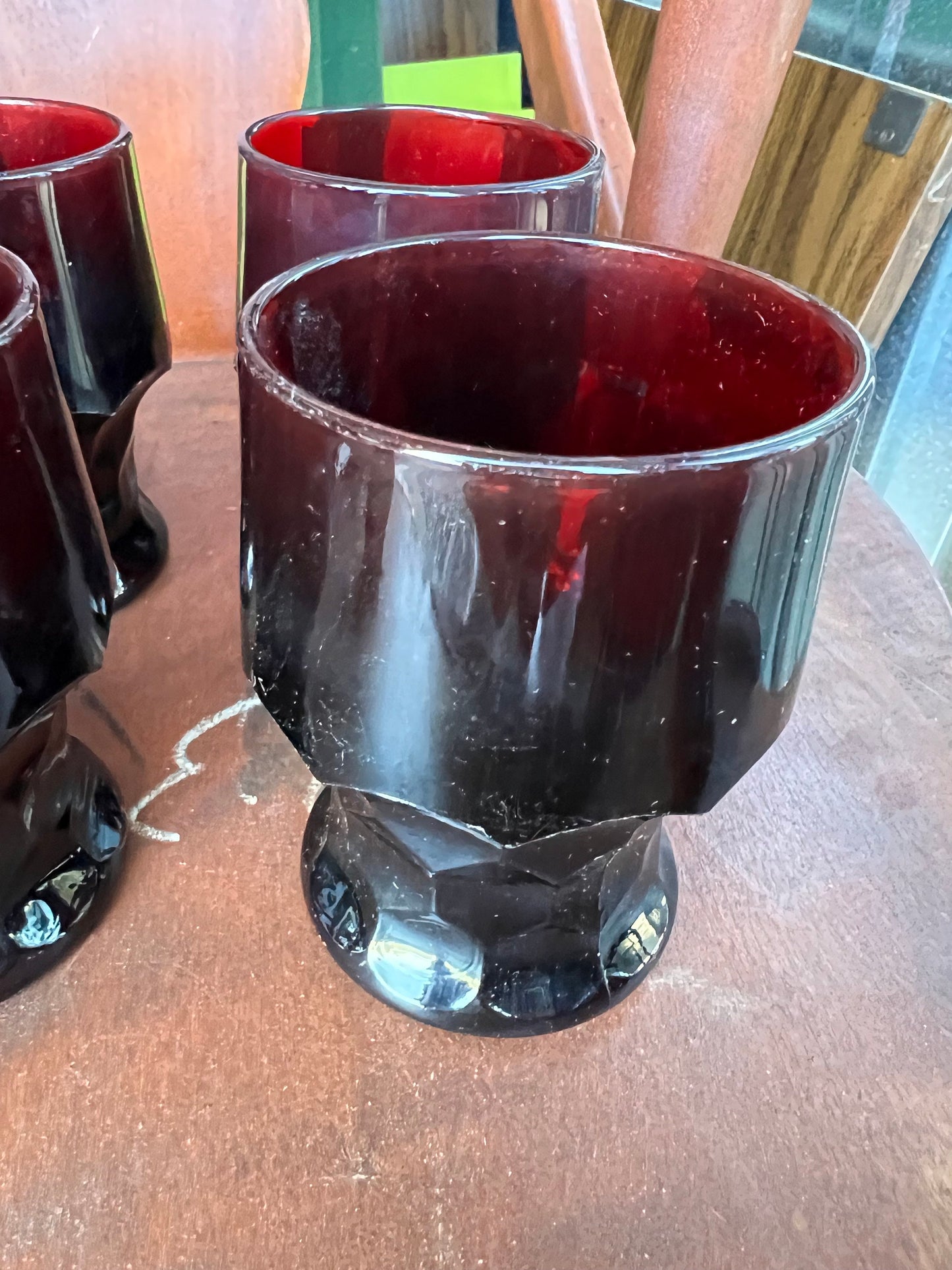 4 Vintage Fenton Royal Ruby Red Goblets Cups Glasses, glass tumblers Anchor Hocking Georgian pattern