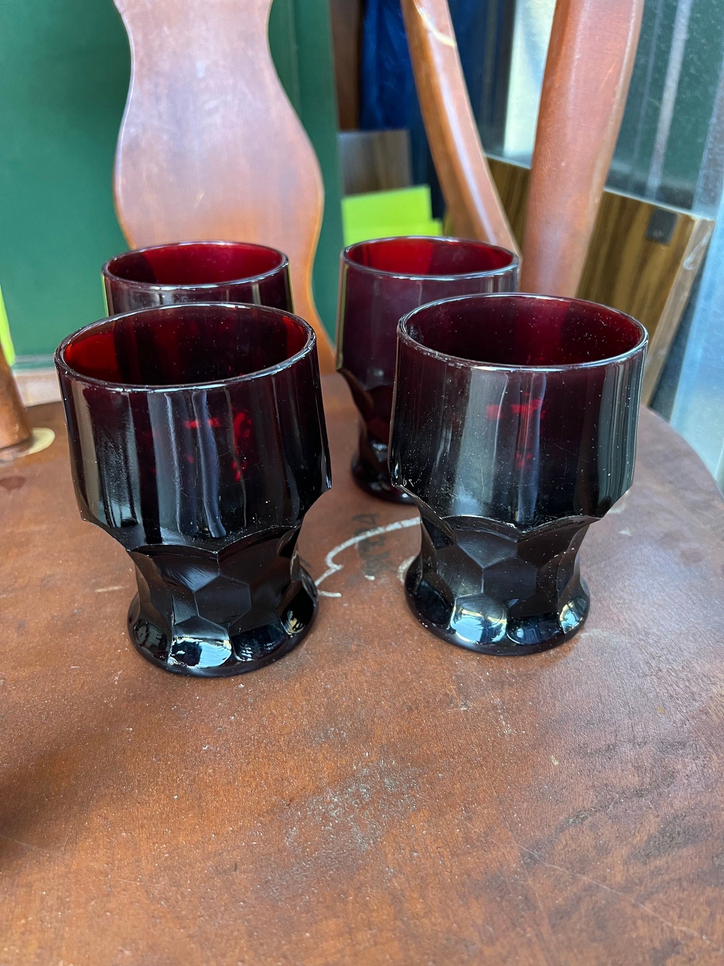 4 Vintage Fenton Royal Ruby Red Goblets Cups Glasses, glass tumblers Anchor Hocking Georgian pattern
